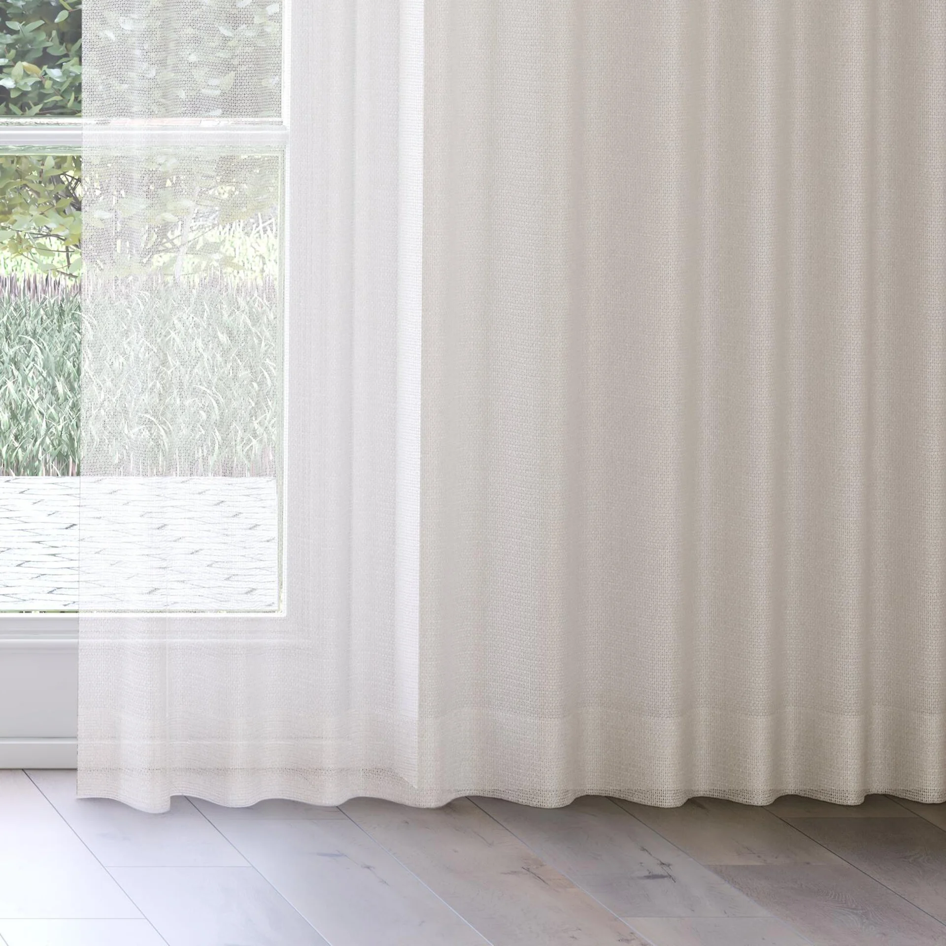 Bottom view of Cosmos Linen, on curtain rail