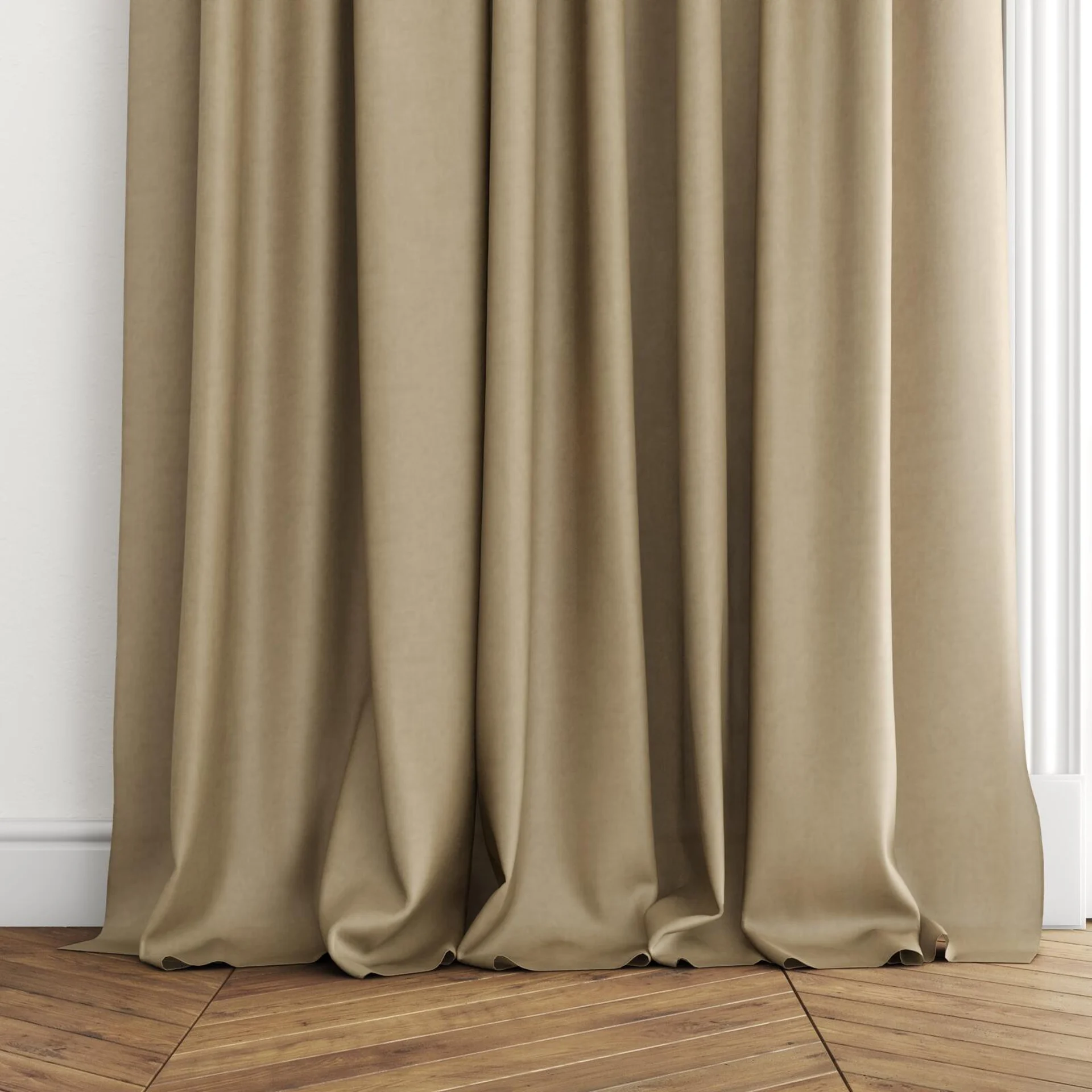 Bottom view of Flo II Bronze, puddled with pinch pleat, on curtain rod
