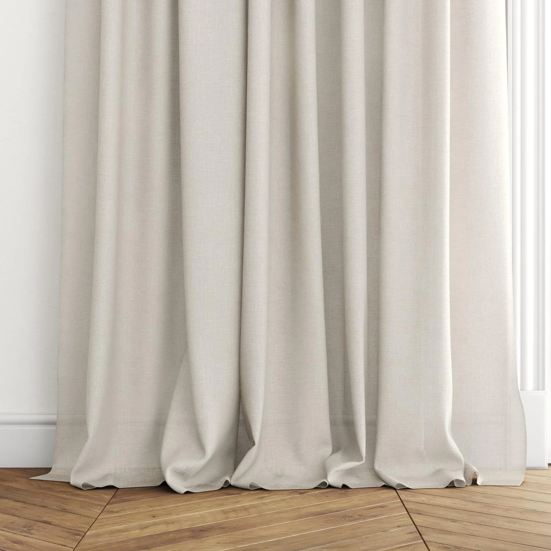Bottom view of Fabiola Dune, puddled with pinch pleat, on curtain rod