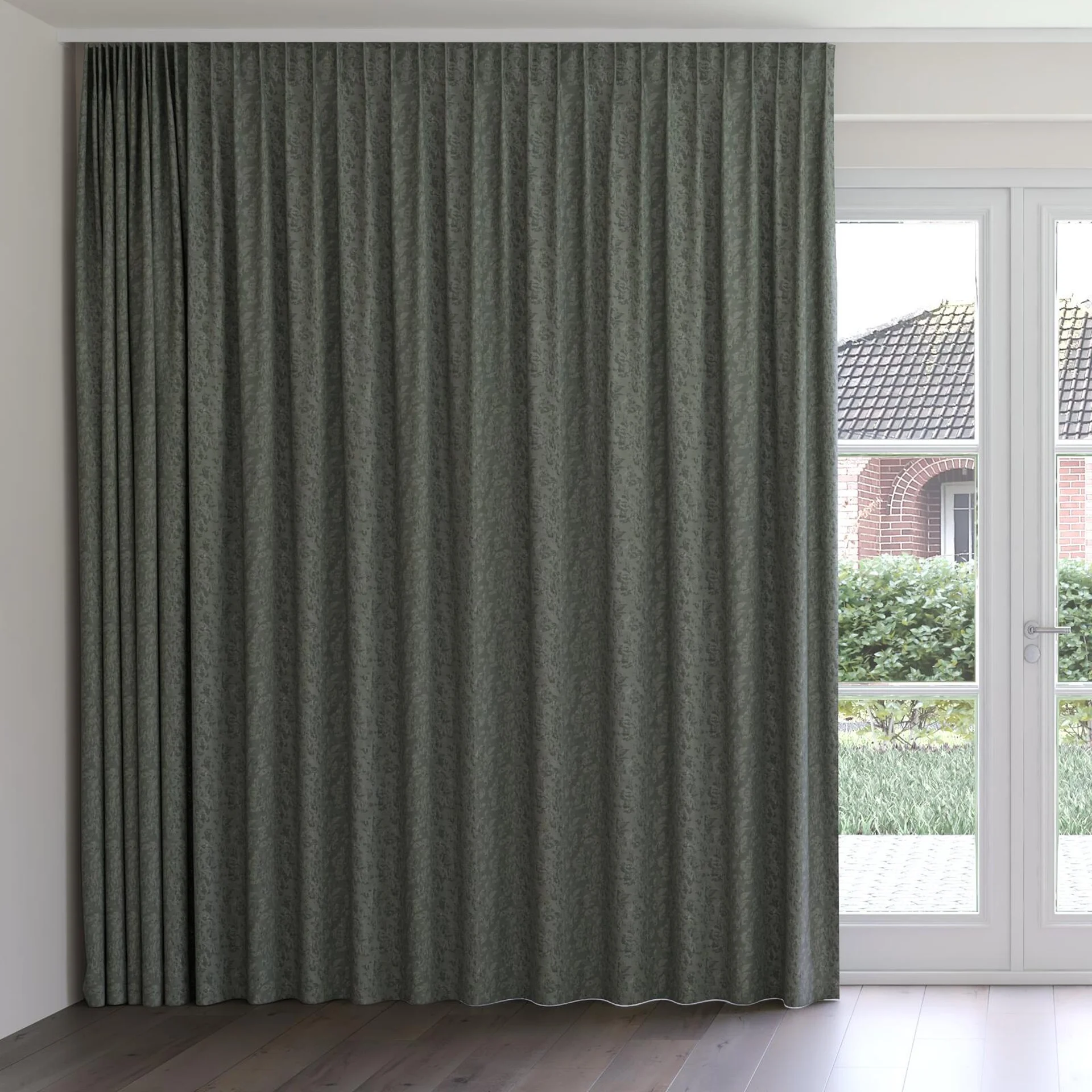 Front view of Objet Charcoal, on curtain rail