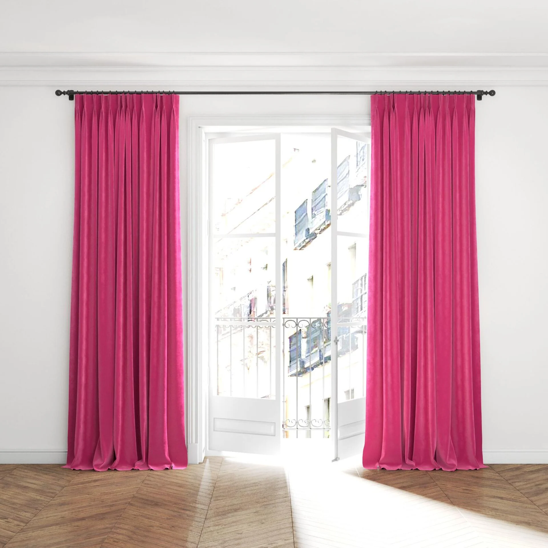 Full view of Lux Velvet Cerise 8509, puddled with pinch pleat, on curtain rod