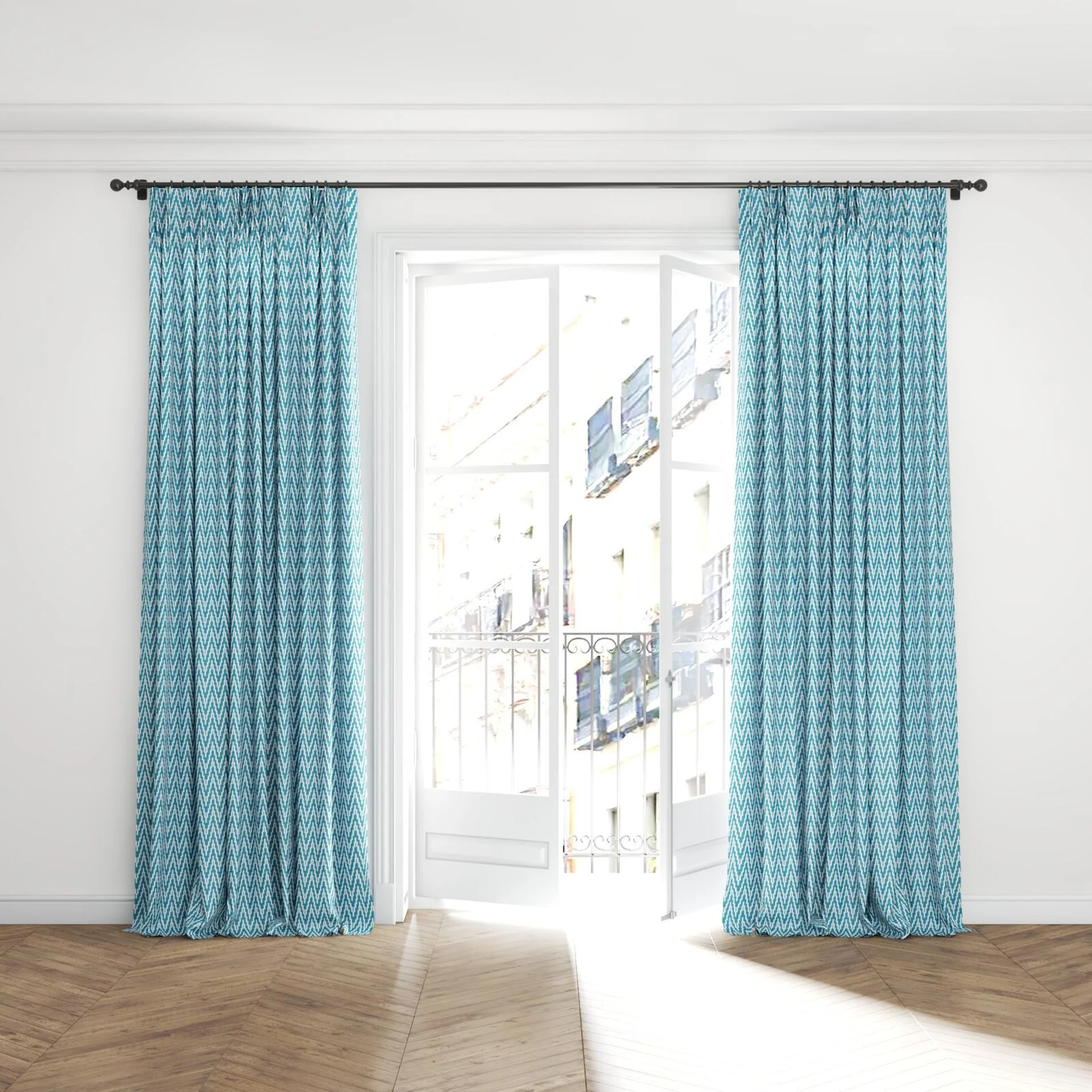 Full view of Running Hydro, puddled with pinch pleat, on curtain rod
