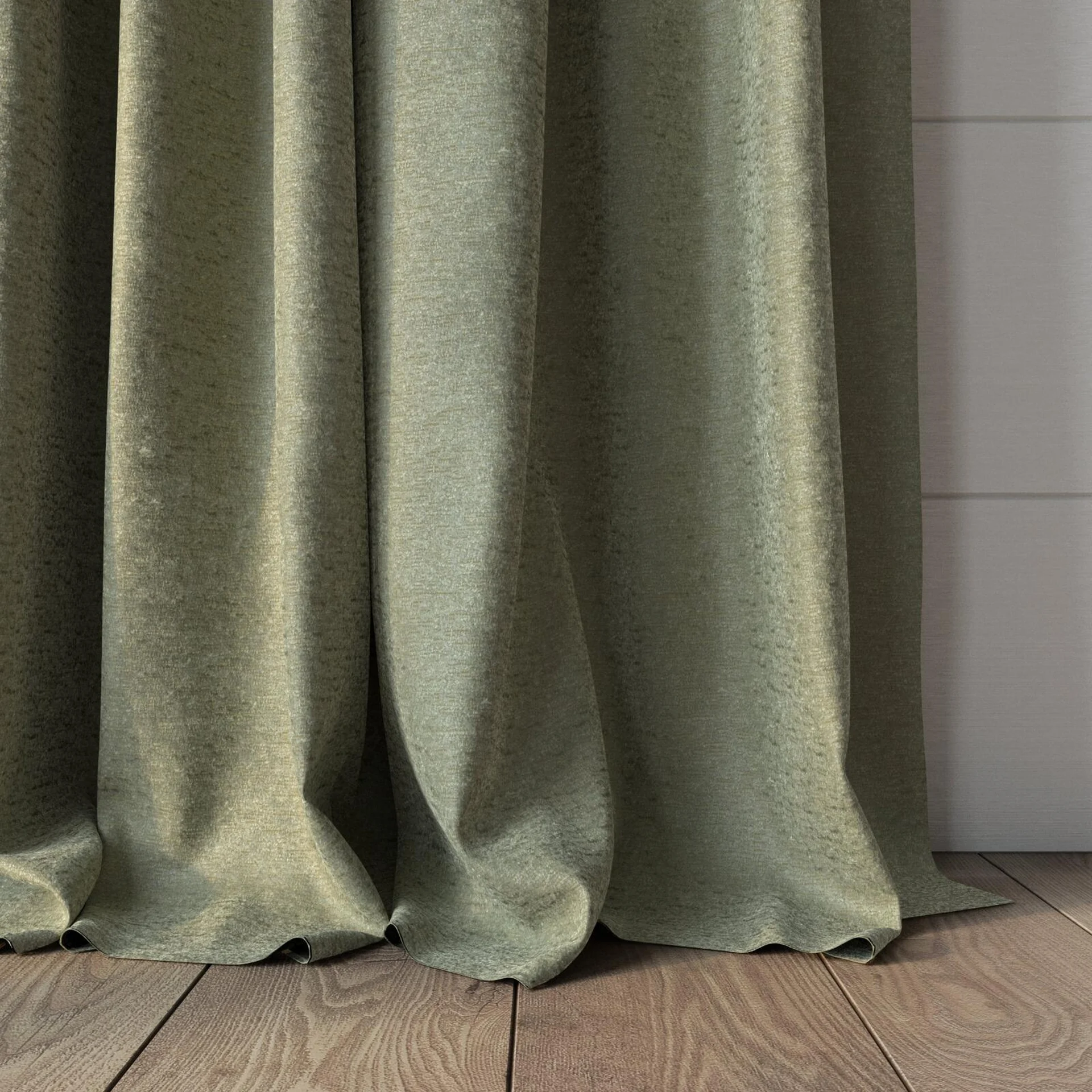 Bottom view of Brigadier Moss, puddled, on curtain rod