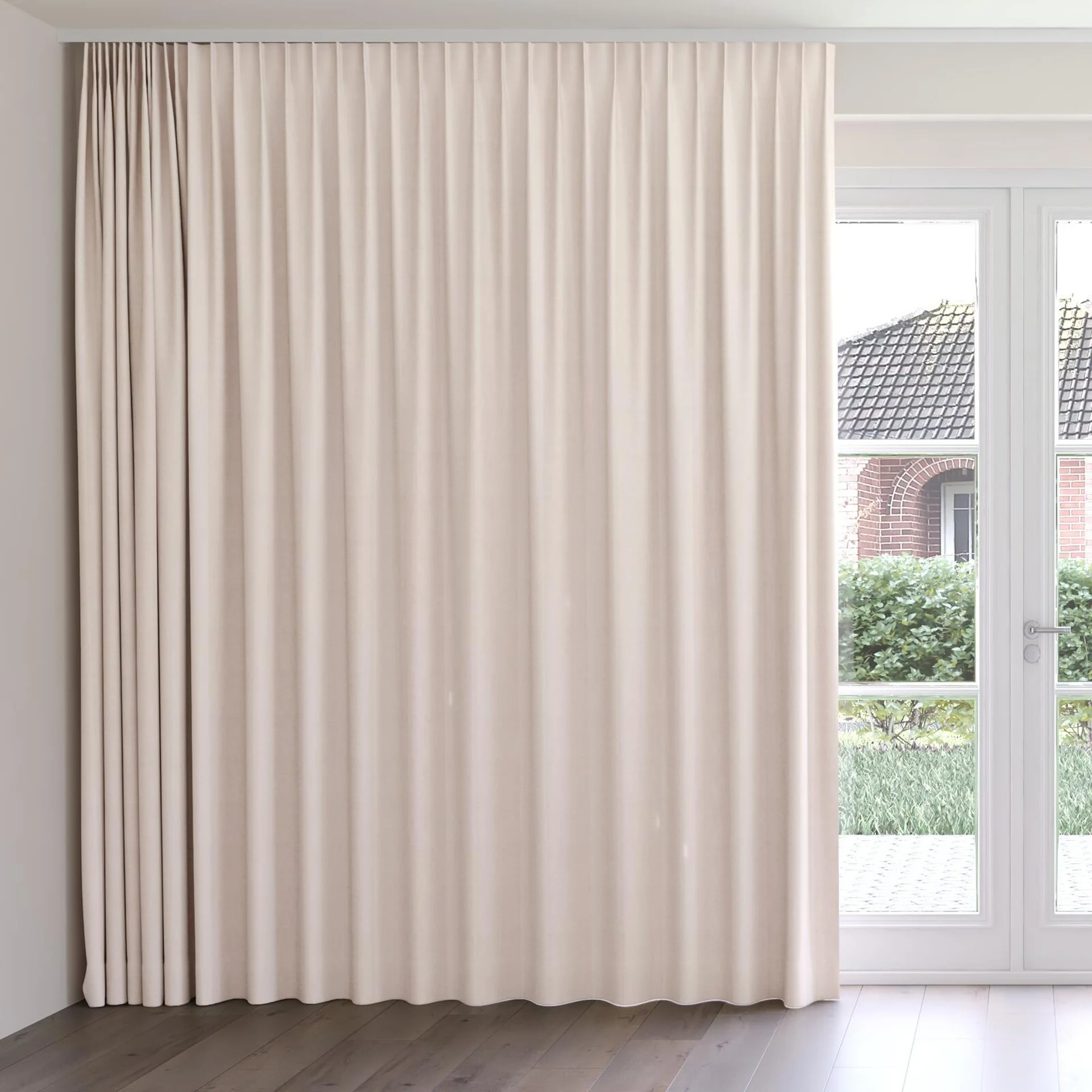 Front view of Borneo Uncoated Blush, on curtain rail
