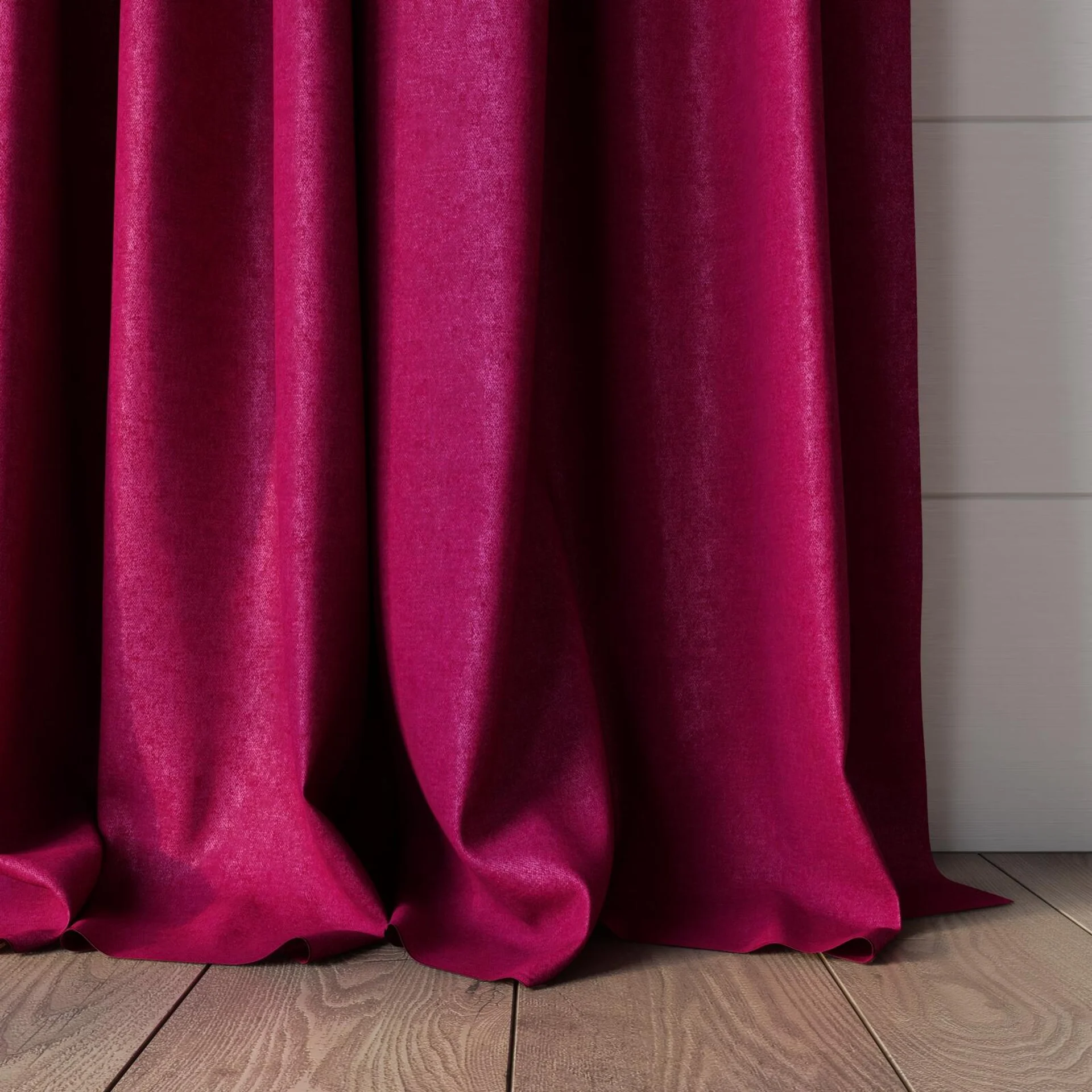 Bottom view of Drama Fuchsia, puddled, on curtain rod