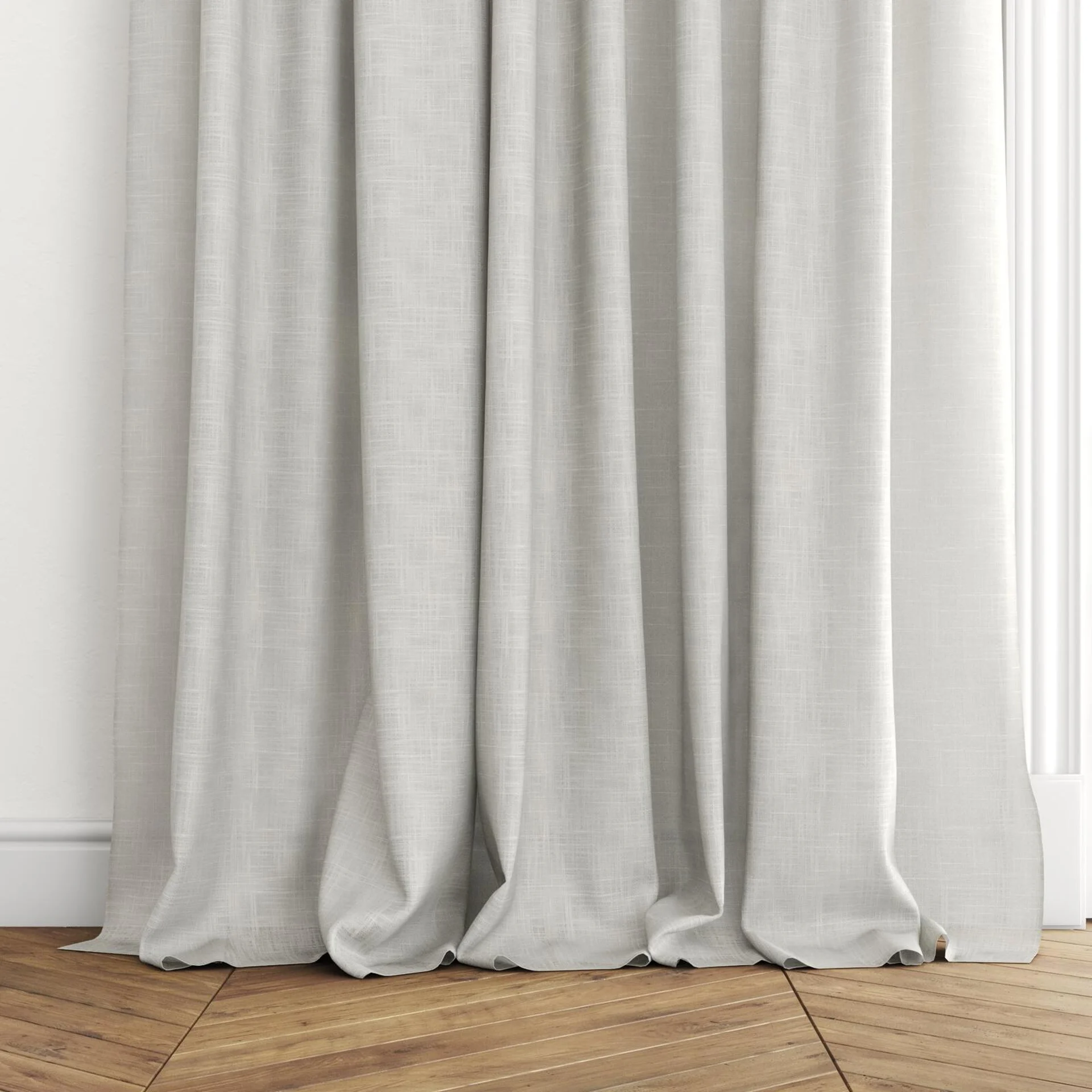 Bottom view of Charanga Ivory, puddled with pinch pleat, on curtain rod