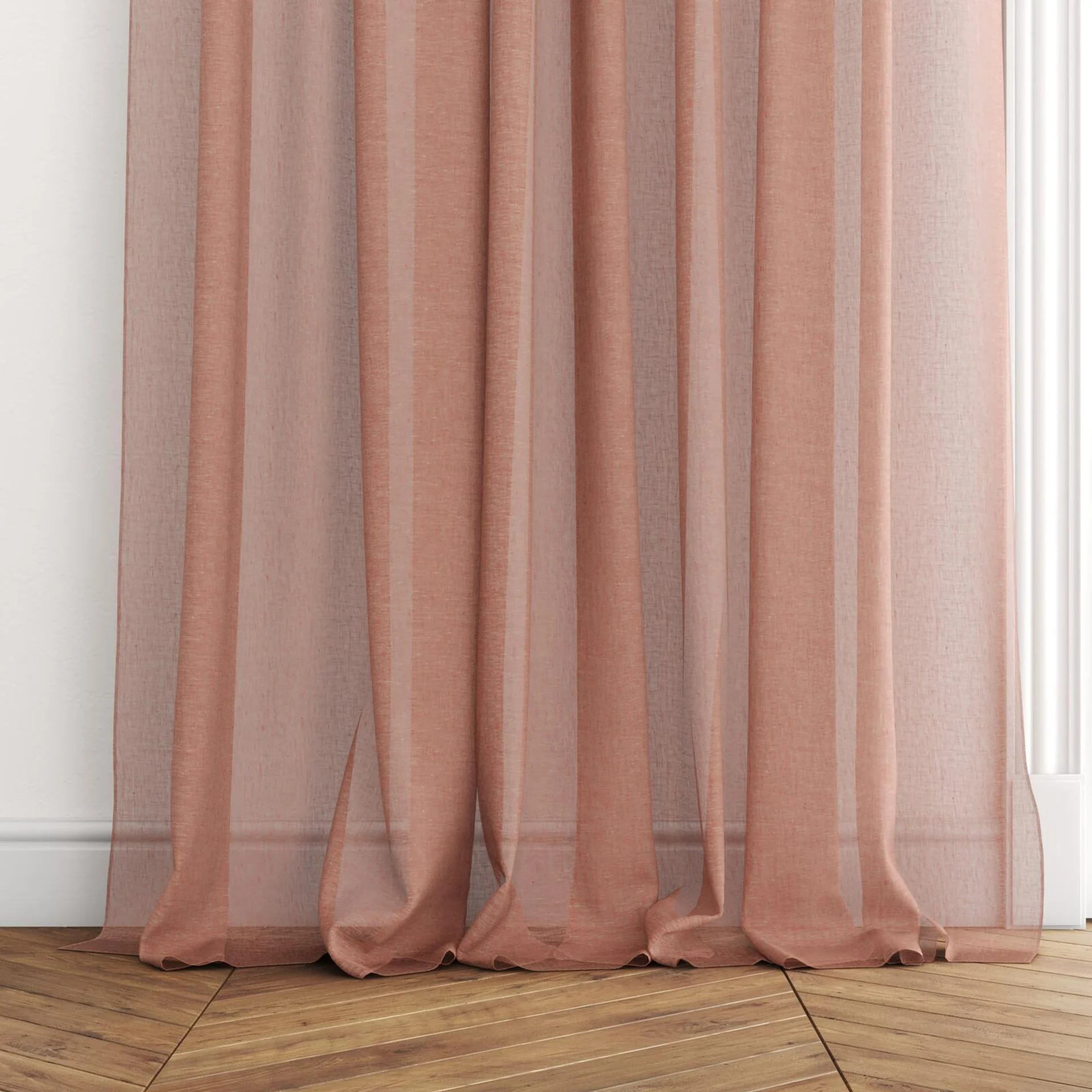 Bottom view of Pure Linen Brick, puddled with pinch pleat, on curtain rod