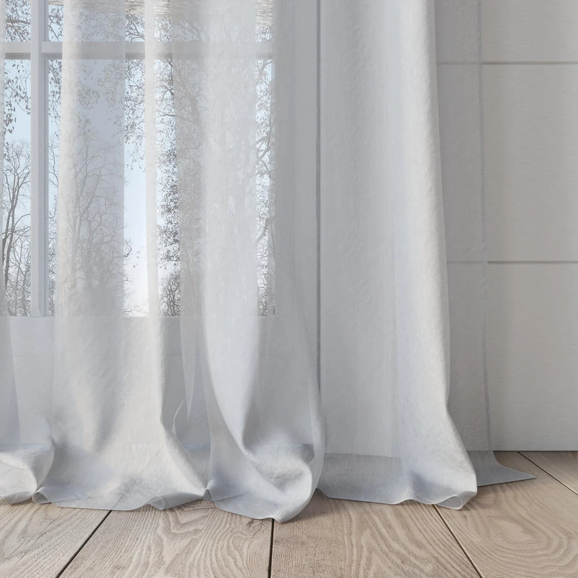 Bottom view of Selene Cotton, puddled, on curtain rod