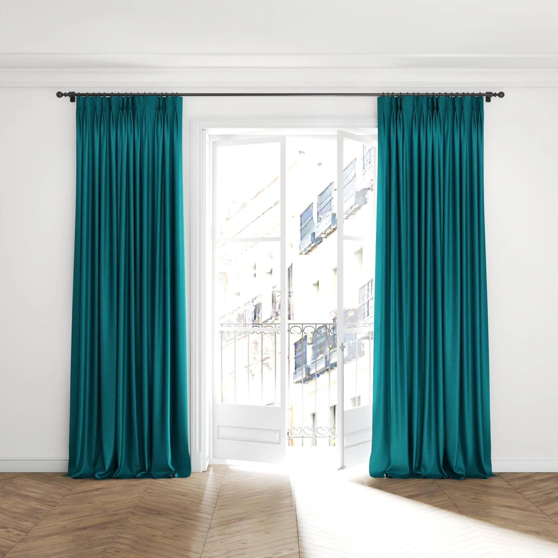 Full view of Drama Peacock, puddled with pinch pleat, on curtain rod