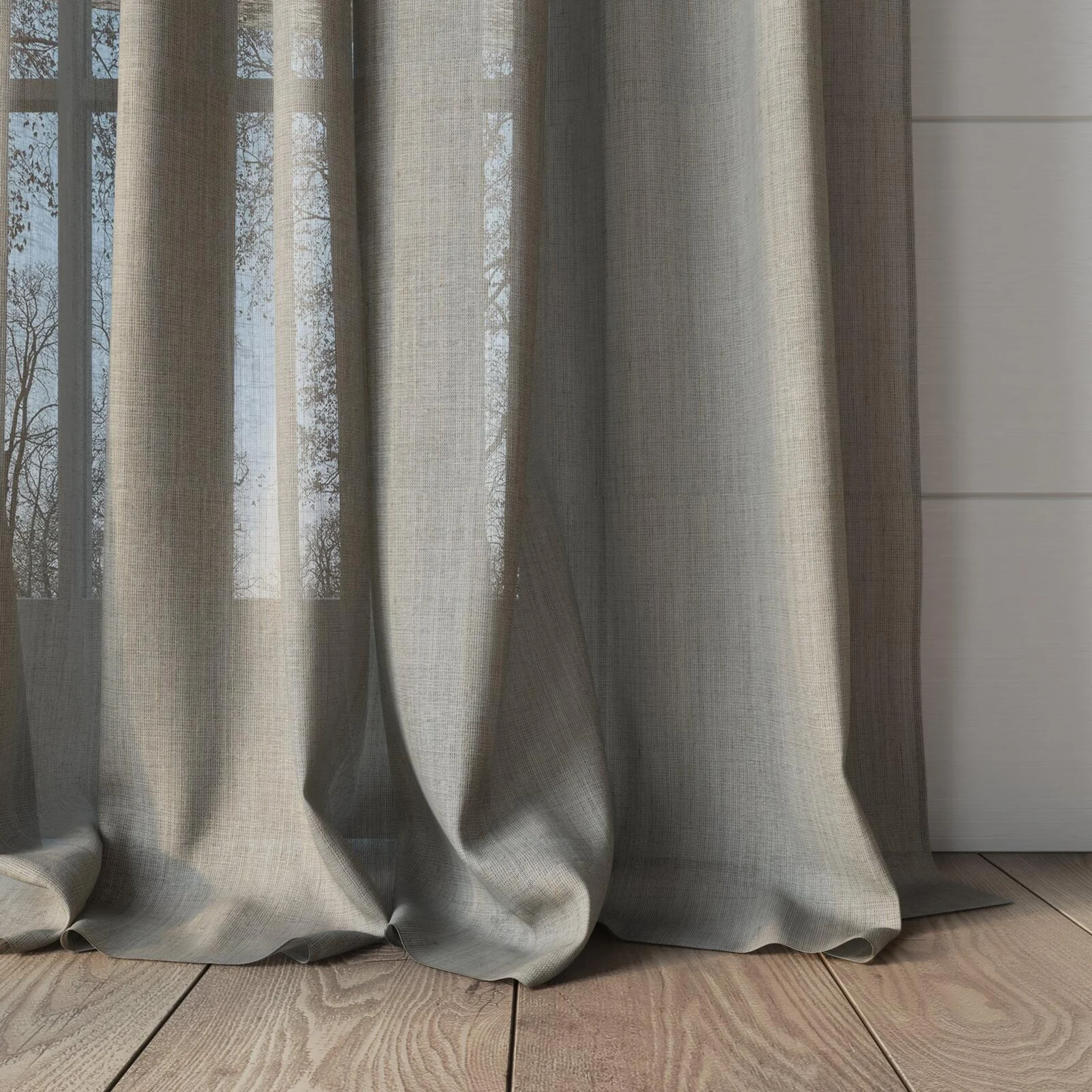 Bottom view of Antipodes Driftwood, puddled, on curtain rod