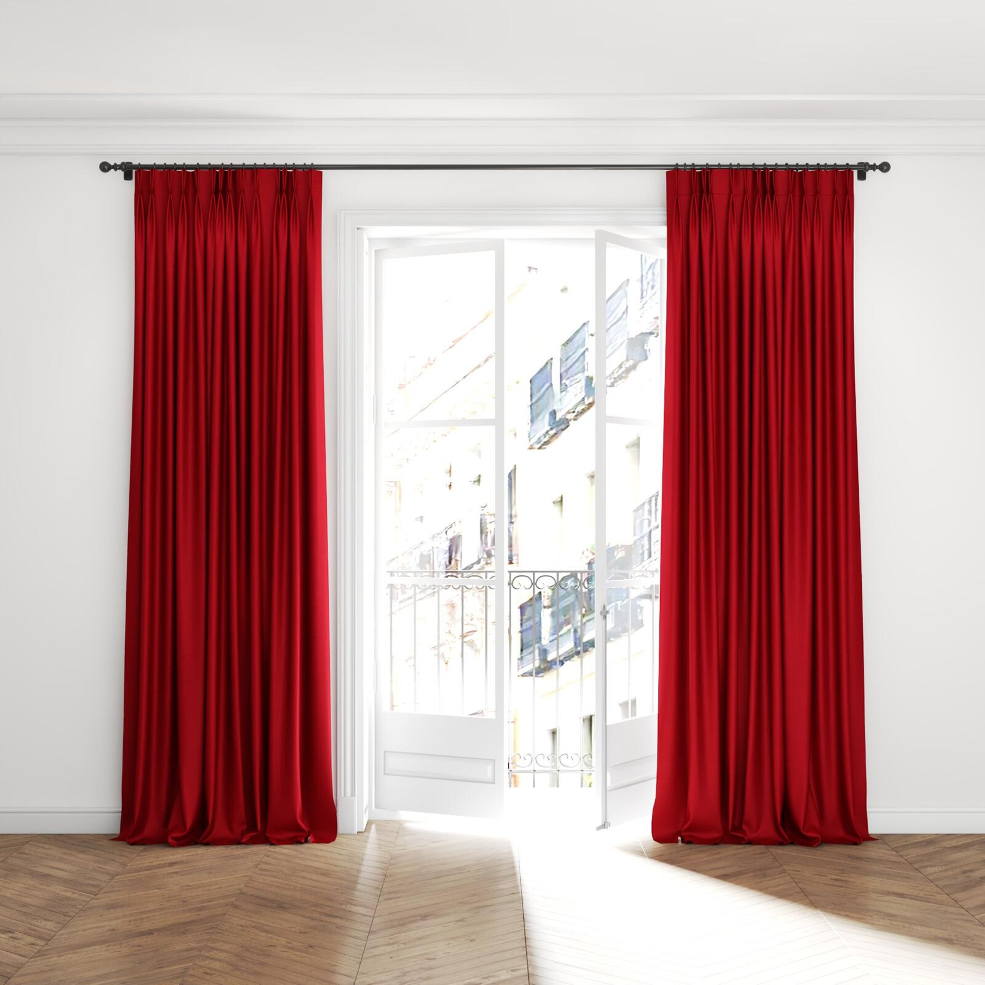Full view of Provence Cerise, puddled with pinch pleat, on curtain rod