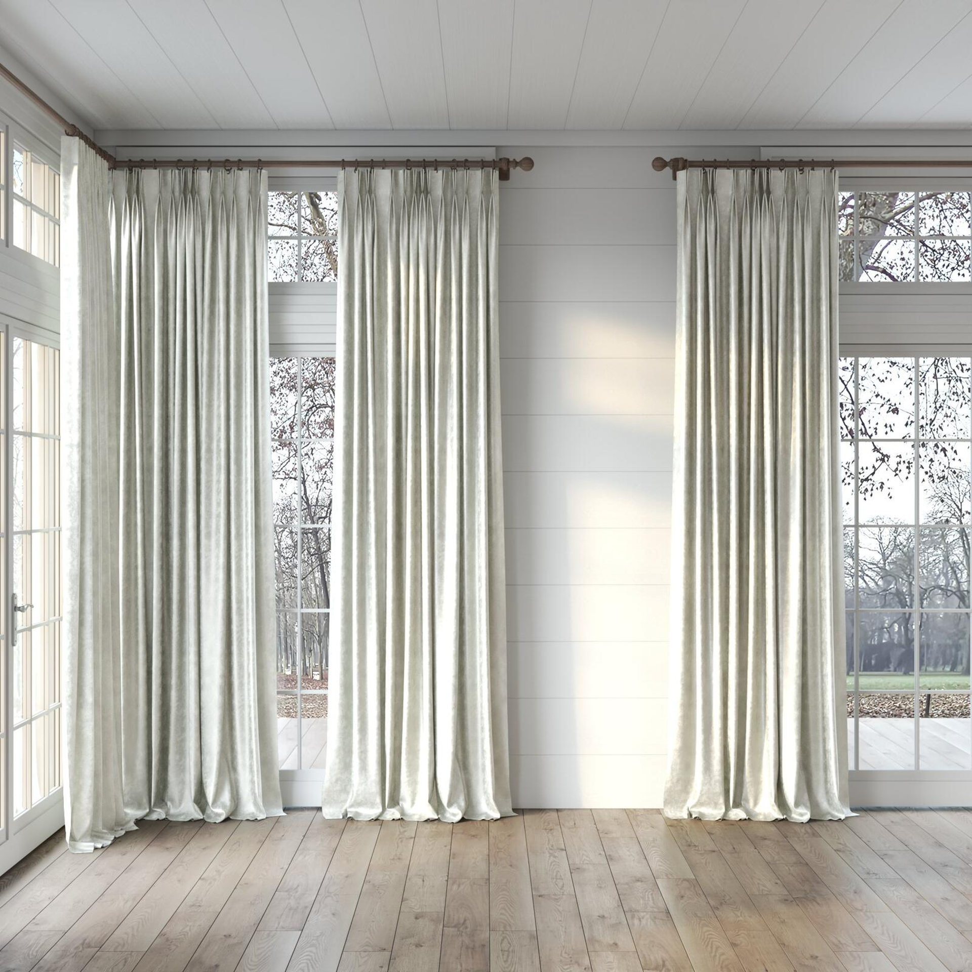 Full view of Fizz Wool, puddled, on curtain rod