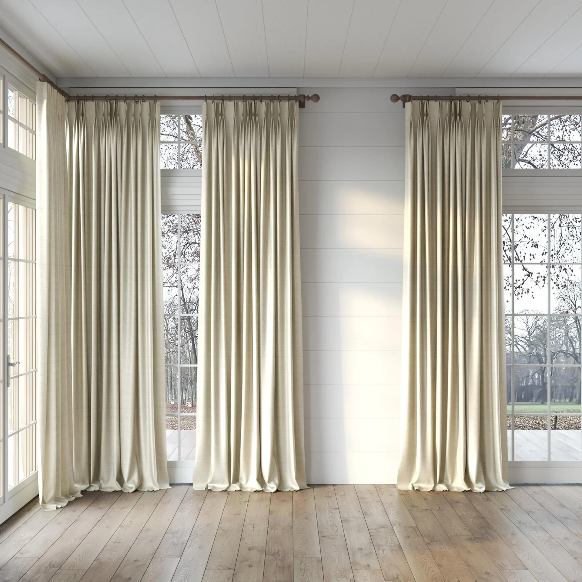 Full view of Zircon Linen, puddled, on curtain rod