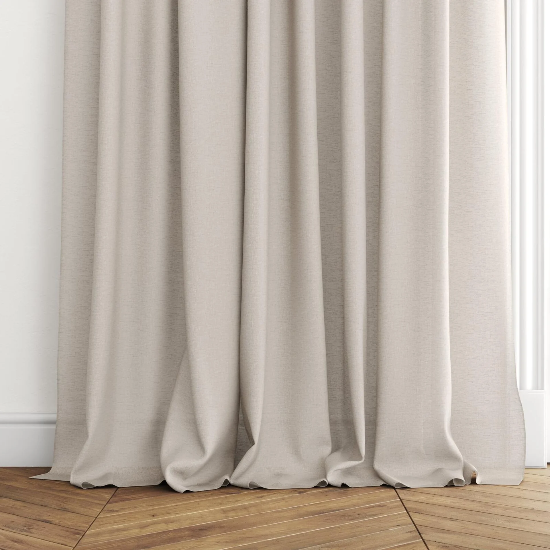 Bottom view of Shoji Dune 820, puddled with pinch pleat, on curtain rod