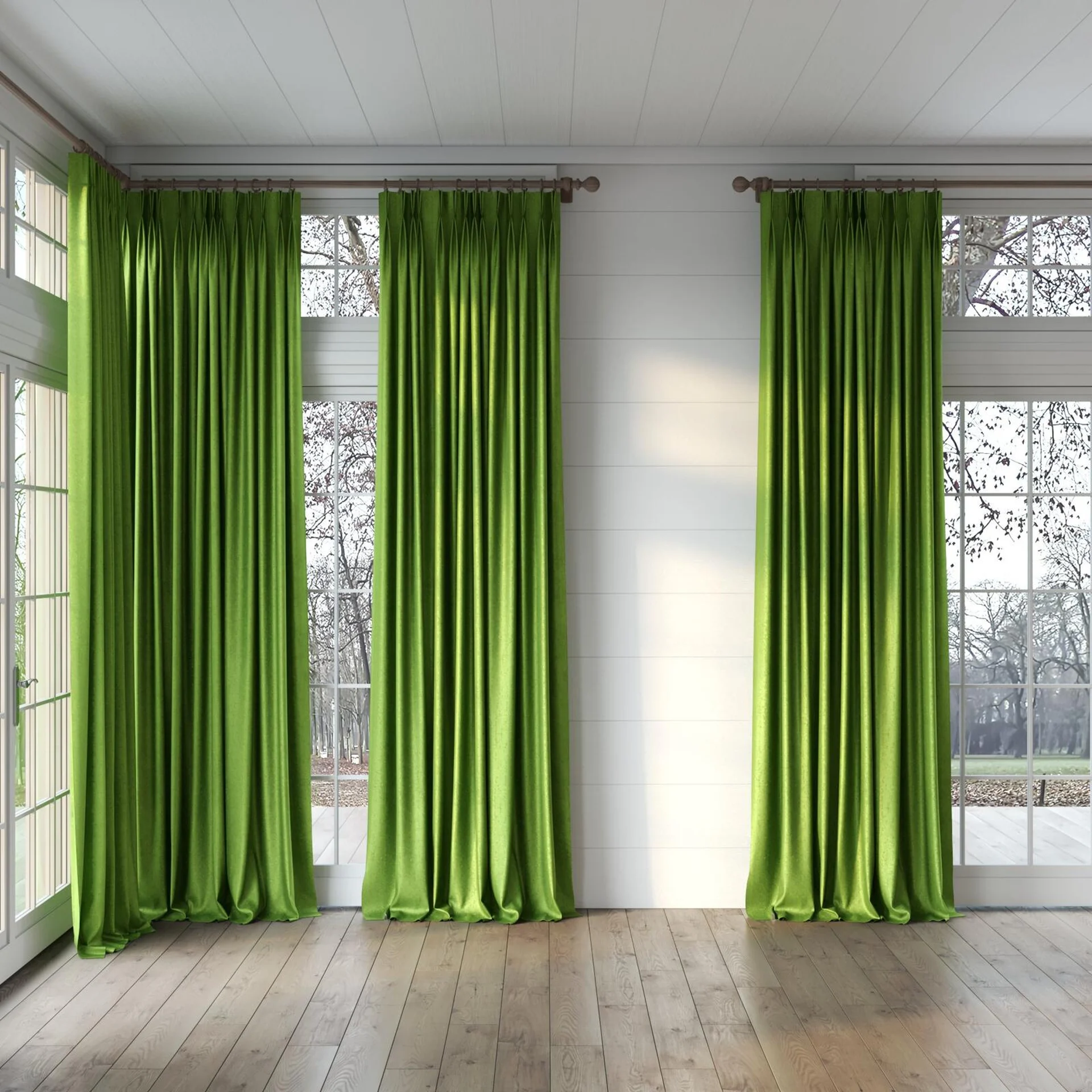 Full view of Hug Apple, puddled, on curtain rod