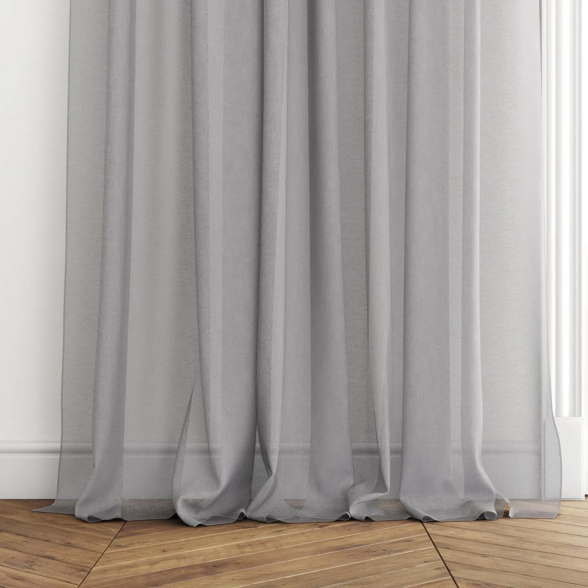 Bottom view of Graceful Silver, puddled with pinch pleat, on curtain rod
