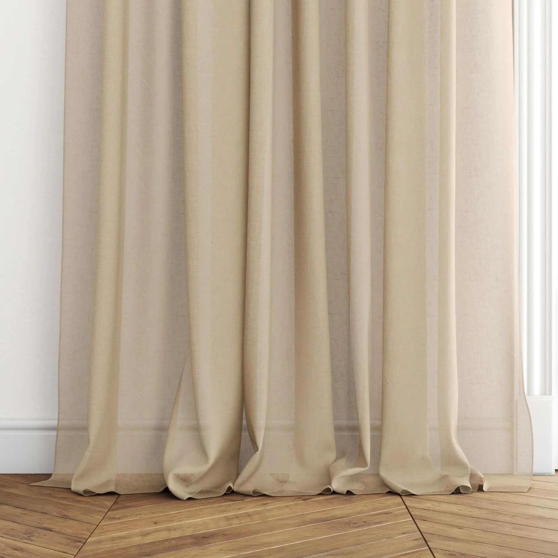 Bottom view of Lino Gold, puddled with pinch pleat, on curtain rod