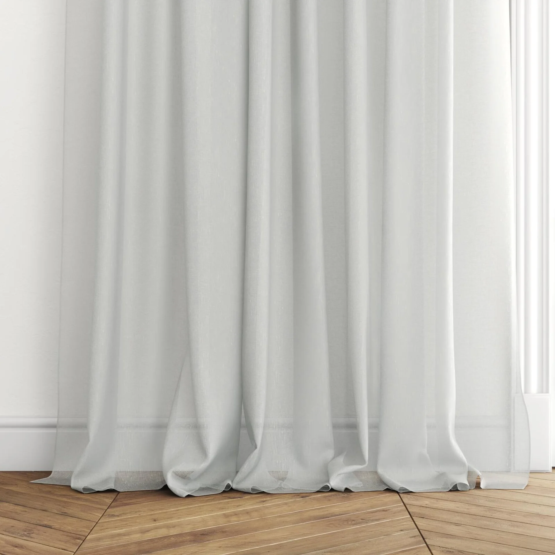 Bottom view of Reverie Duckegg, puddled with pinch pleat, on curtain rod