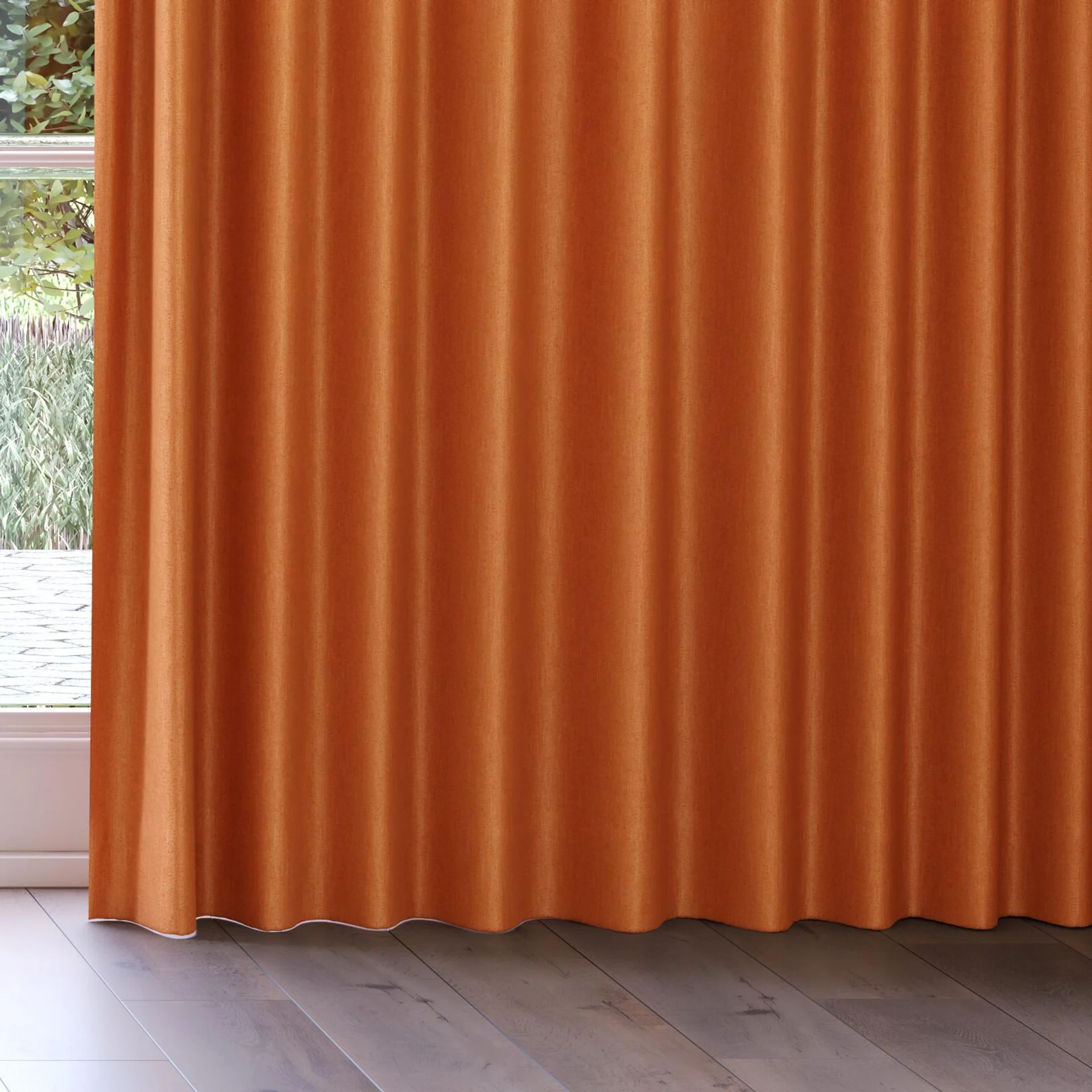 Bottom view of Bronco Tangerine, on curtain rail