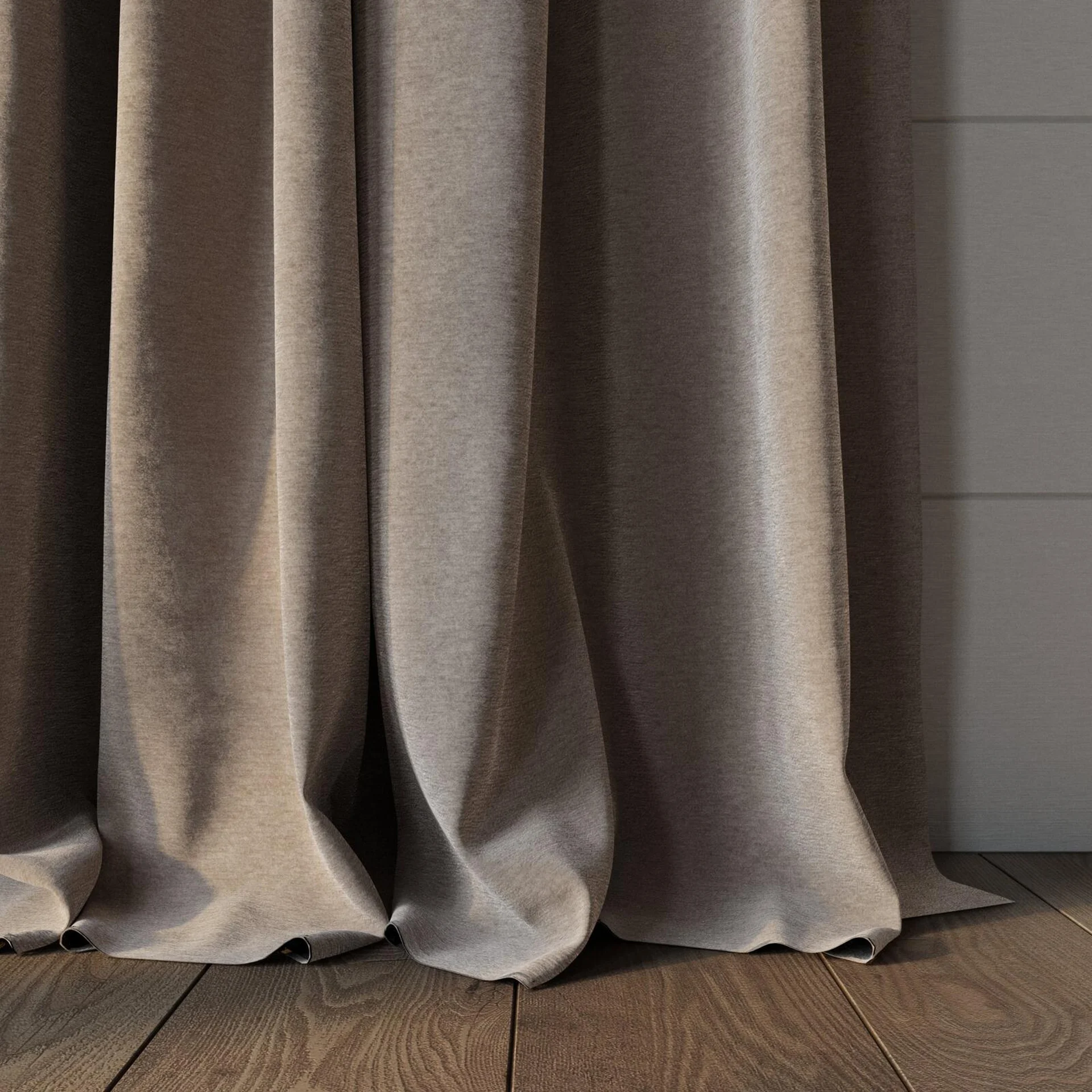 Bottom view of Geneva Taupe, puddled, on curtain rod