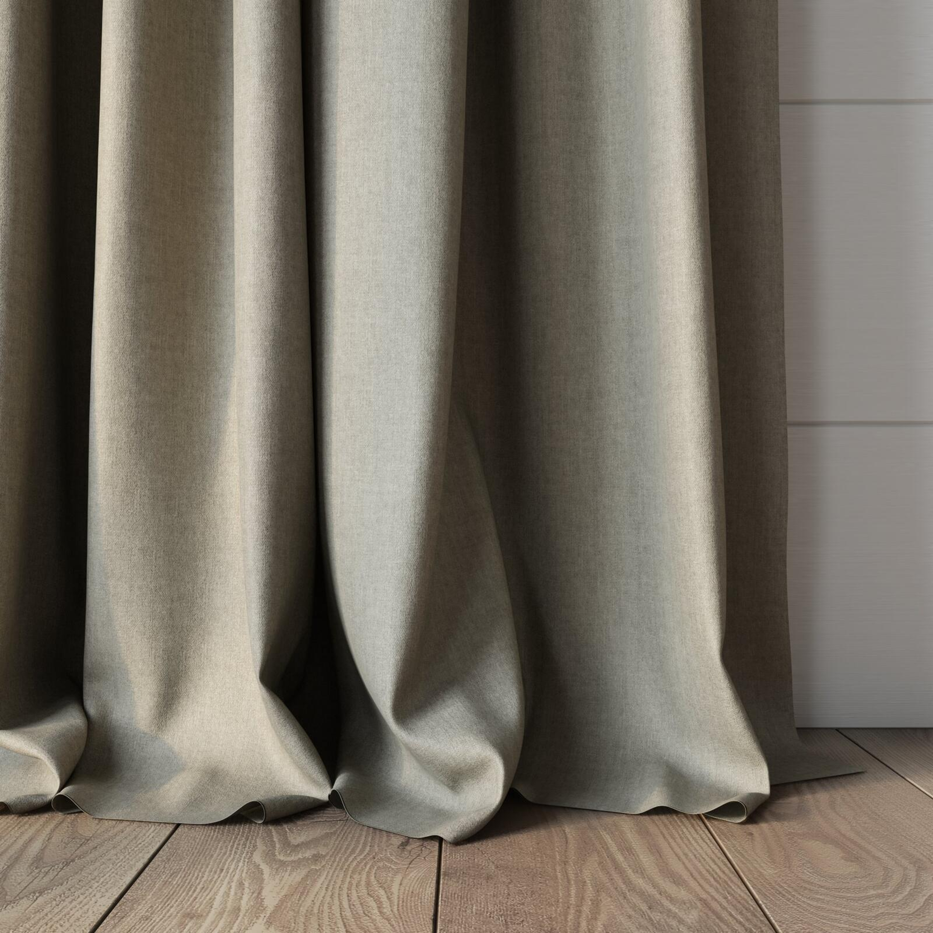 Bottom view of Cushy Linen, puddled, on curtain rod