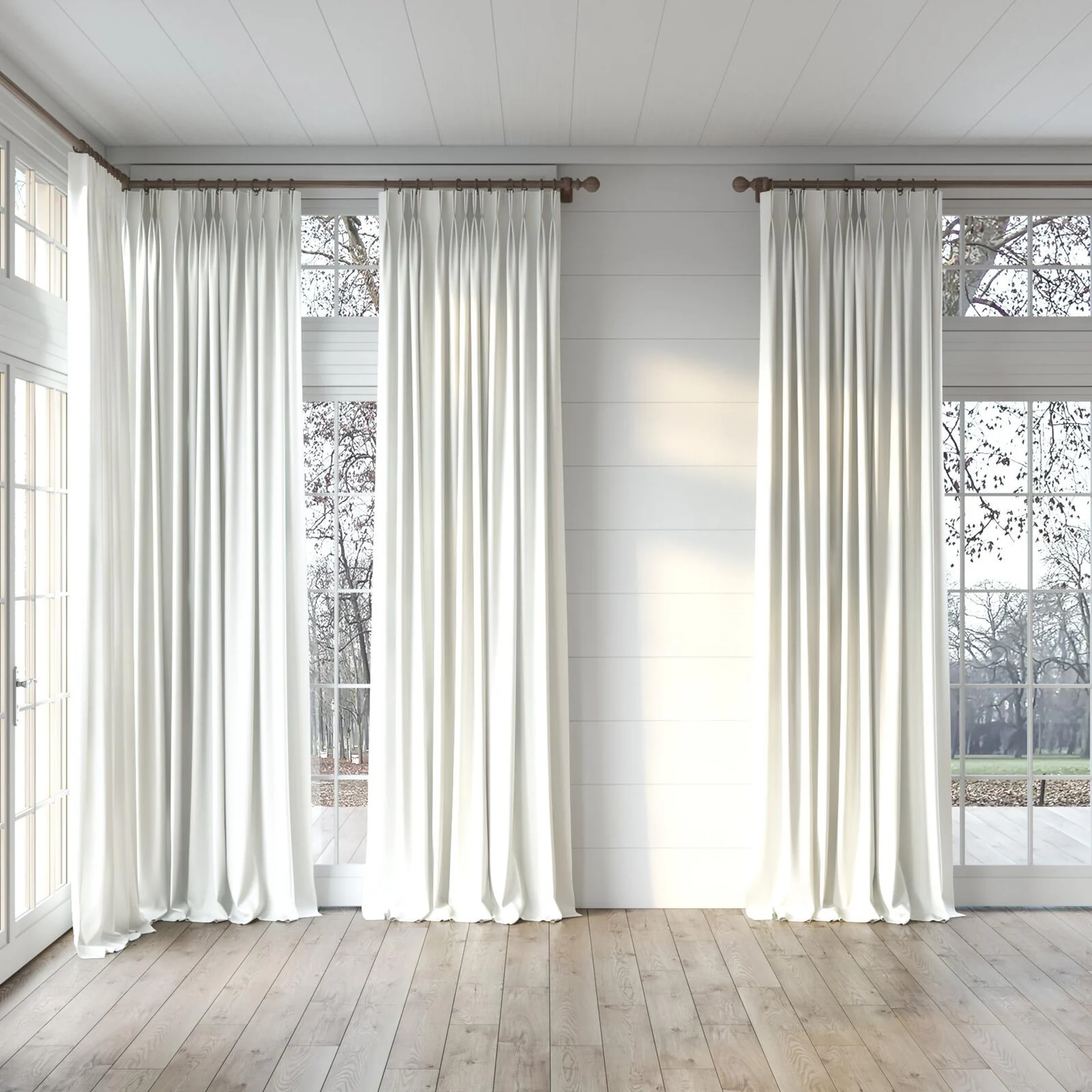 Full view of Excel Ivory, puddled, on curtain rod