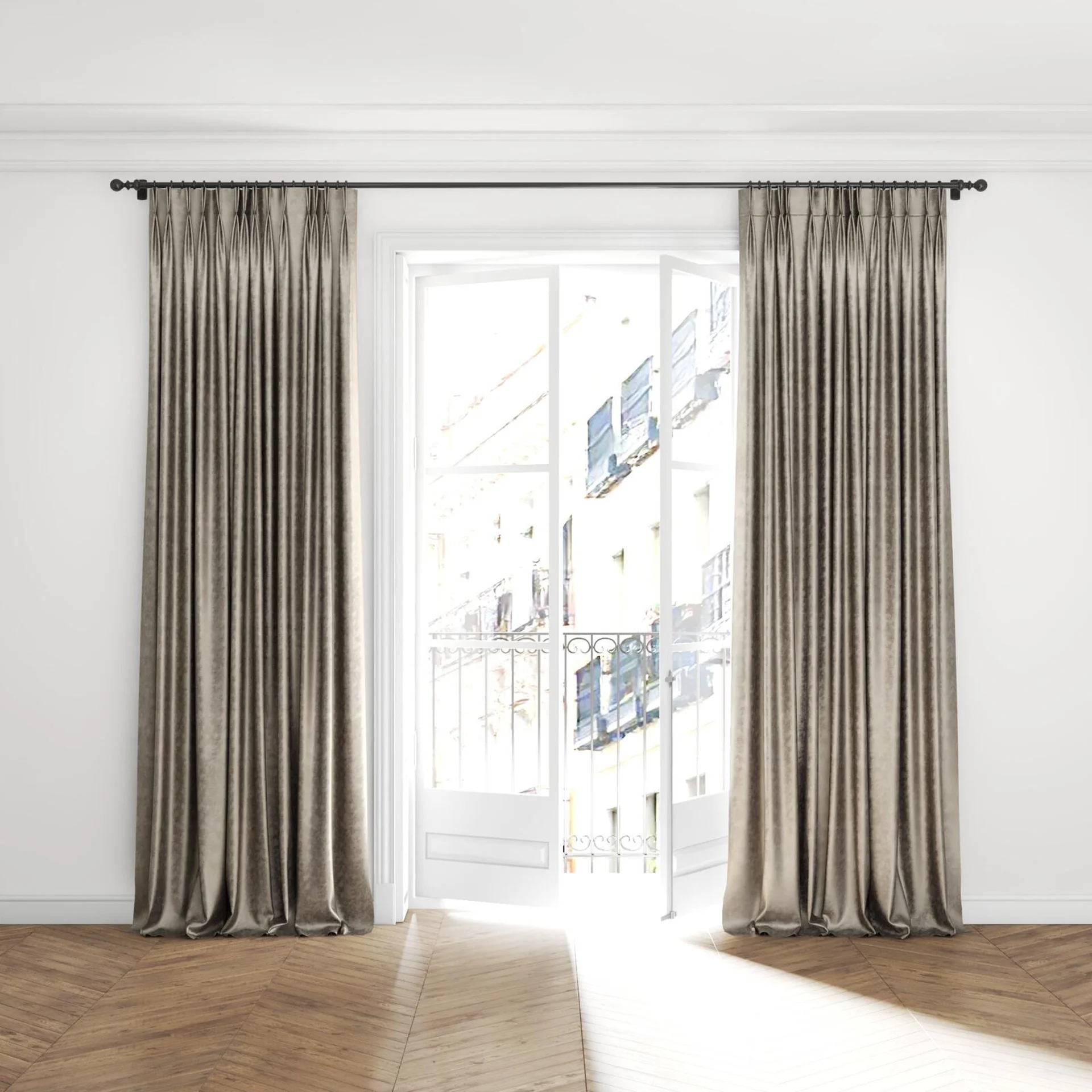 Full view of Fizz Titanium, puddled with pinch pleat, on curtain rod