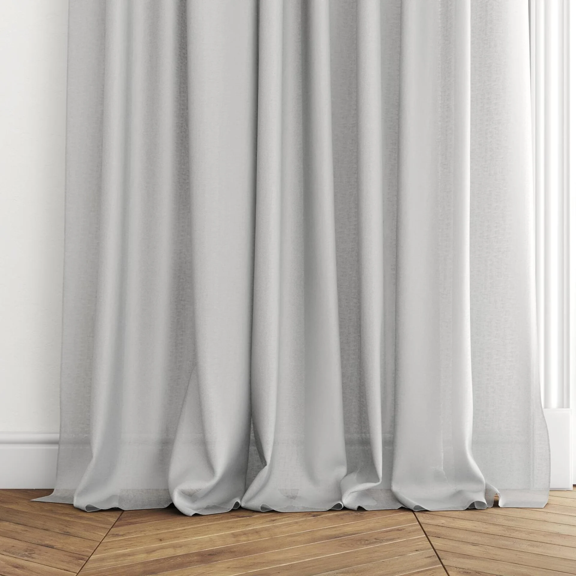 Bottom view of Kanso Stonewash Dove Grey, puddled with pinch pleat, on curtain rod