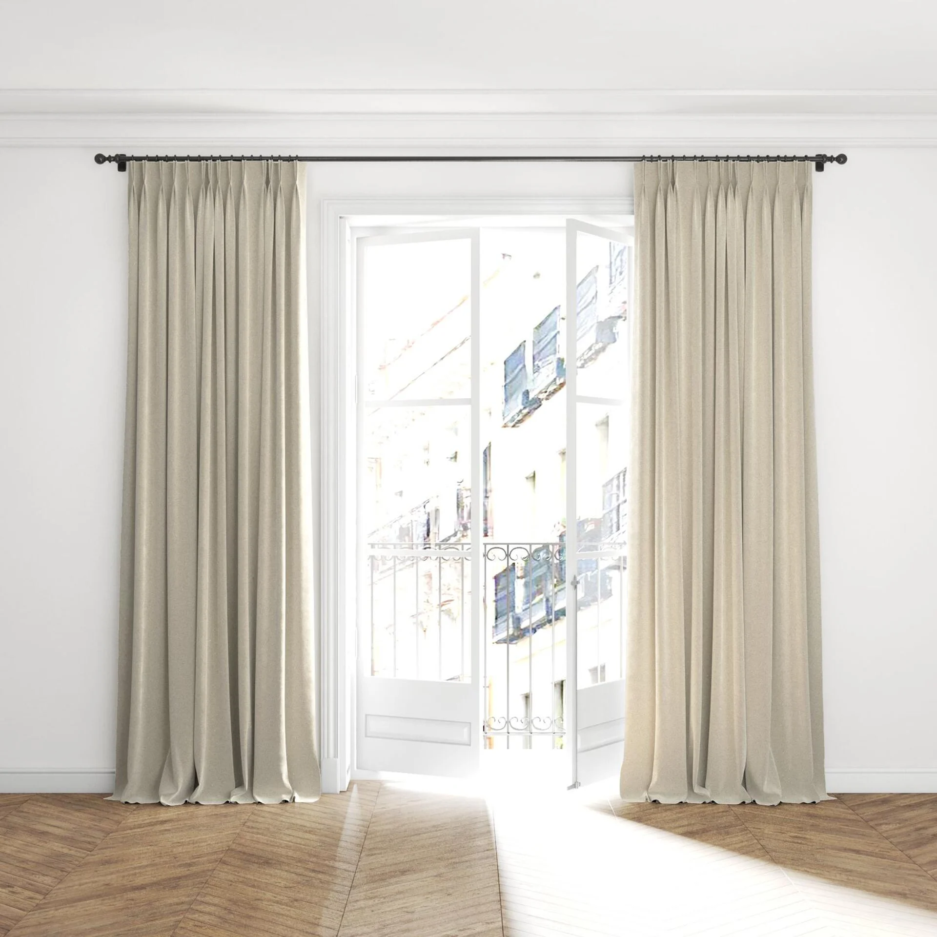 Full view of Velvelux Nougat, puddled with pinch pleat, on curtain rod