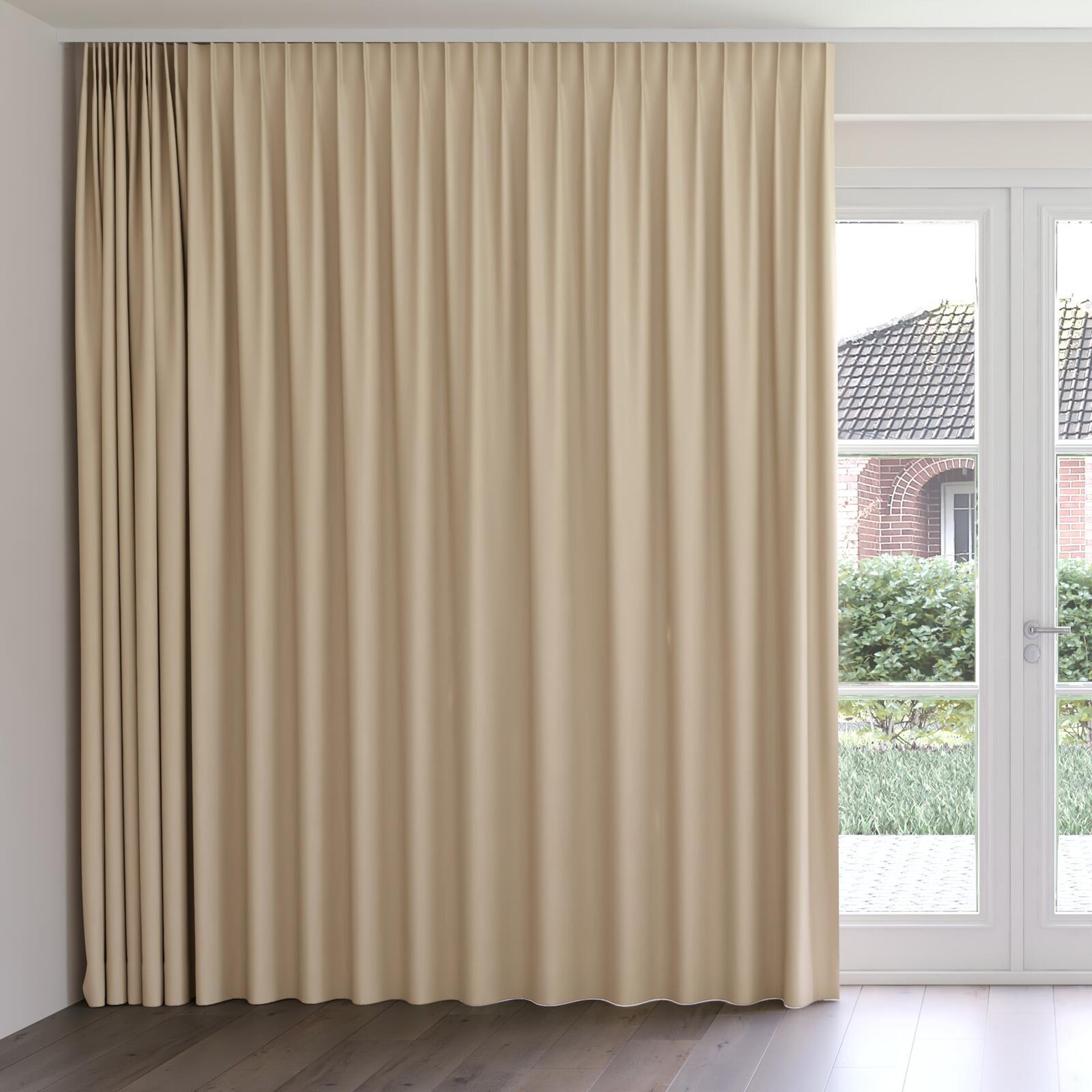 Front view of Ultra Dim Sesame, on curtain rail
