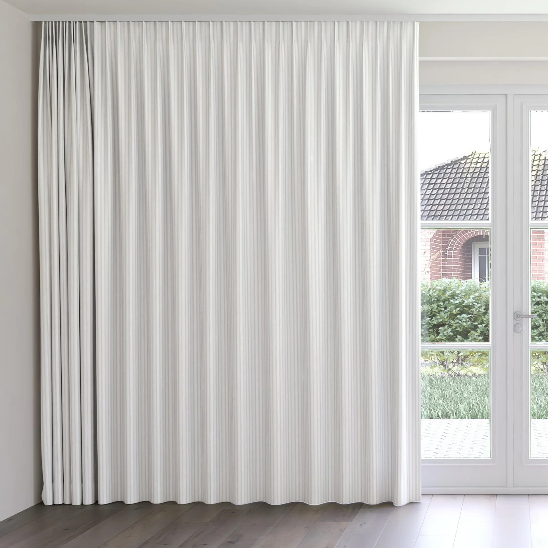 Front view of Chambray Ticking Sepia, on curtain rail