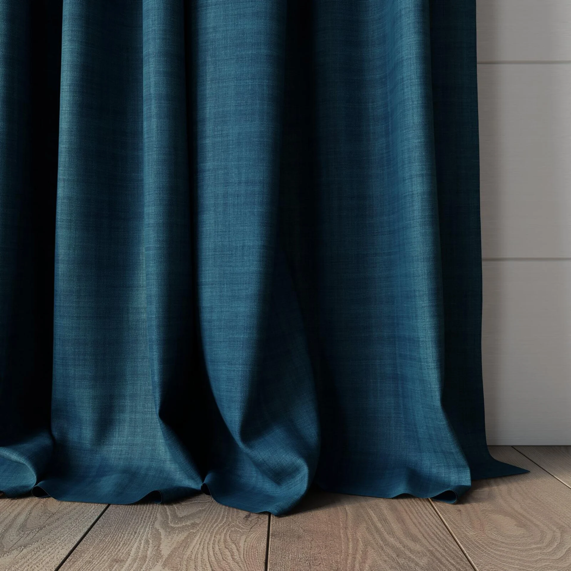 Bottom view of Loci Dim Out Azure, puddled, on curtain rod