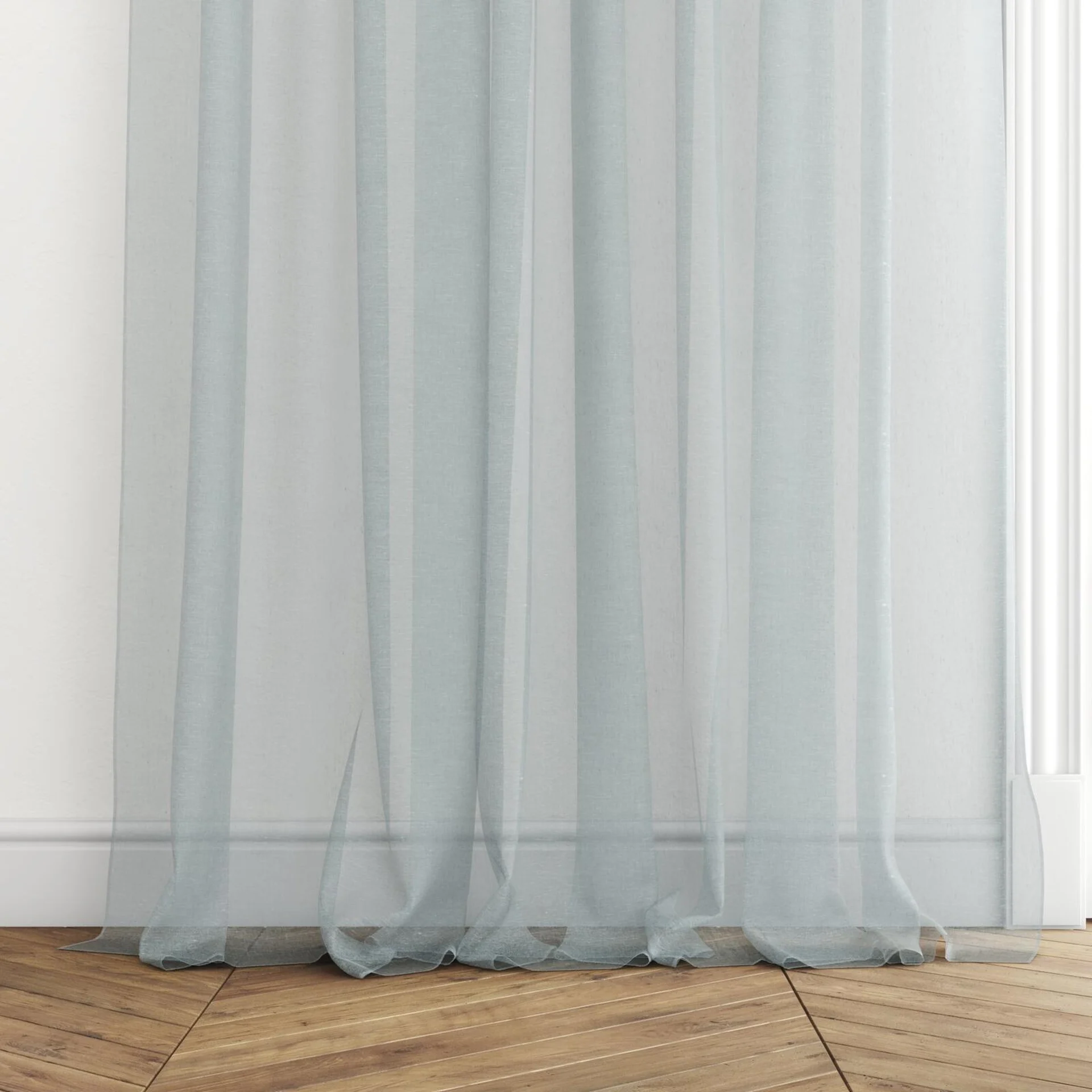 Bottom view of Rhyme Pool, puddled with pinch pleat, on curtain rod