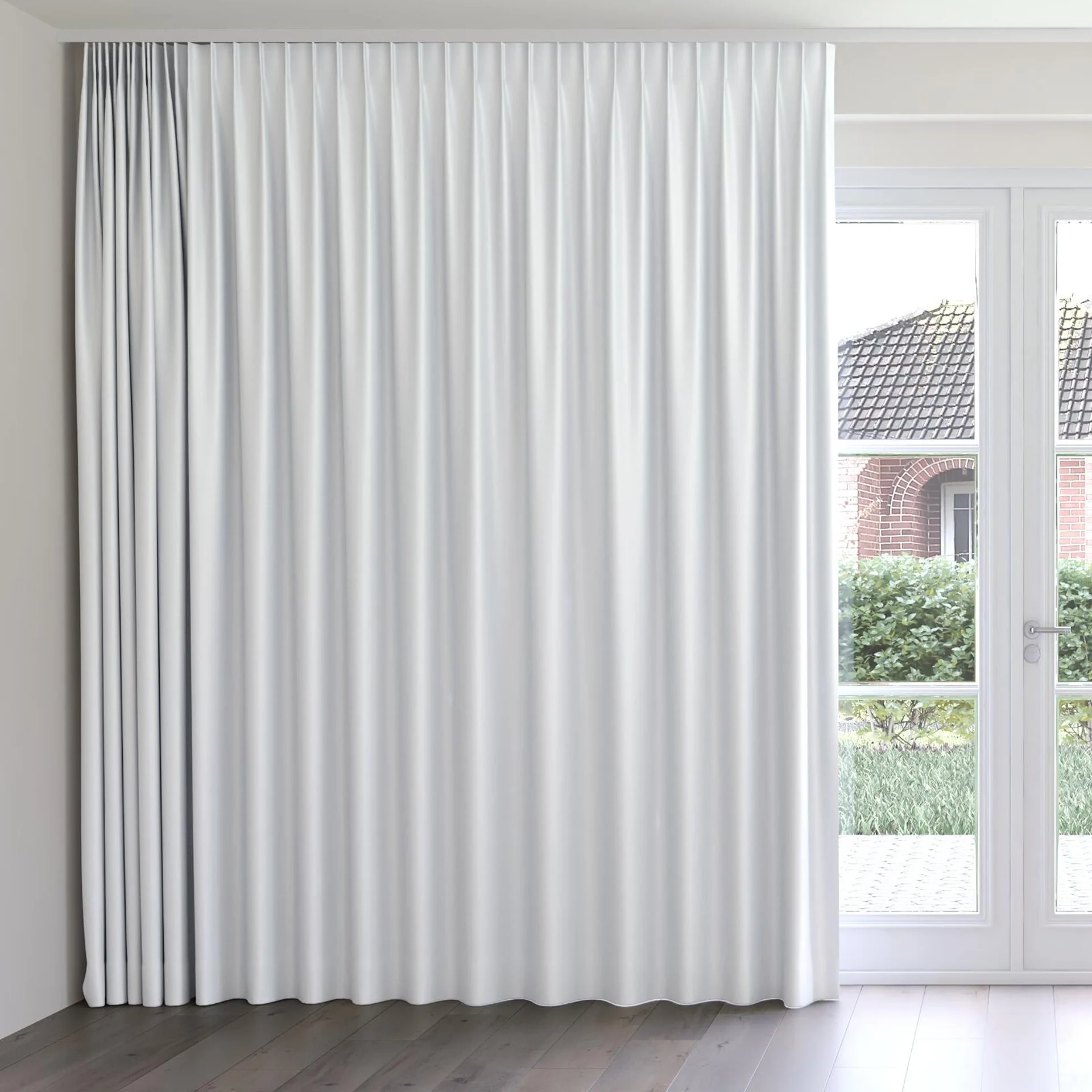 Front view of Stallion 2 Blackout White, on curtain rail