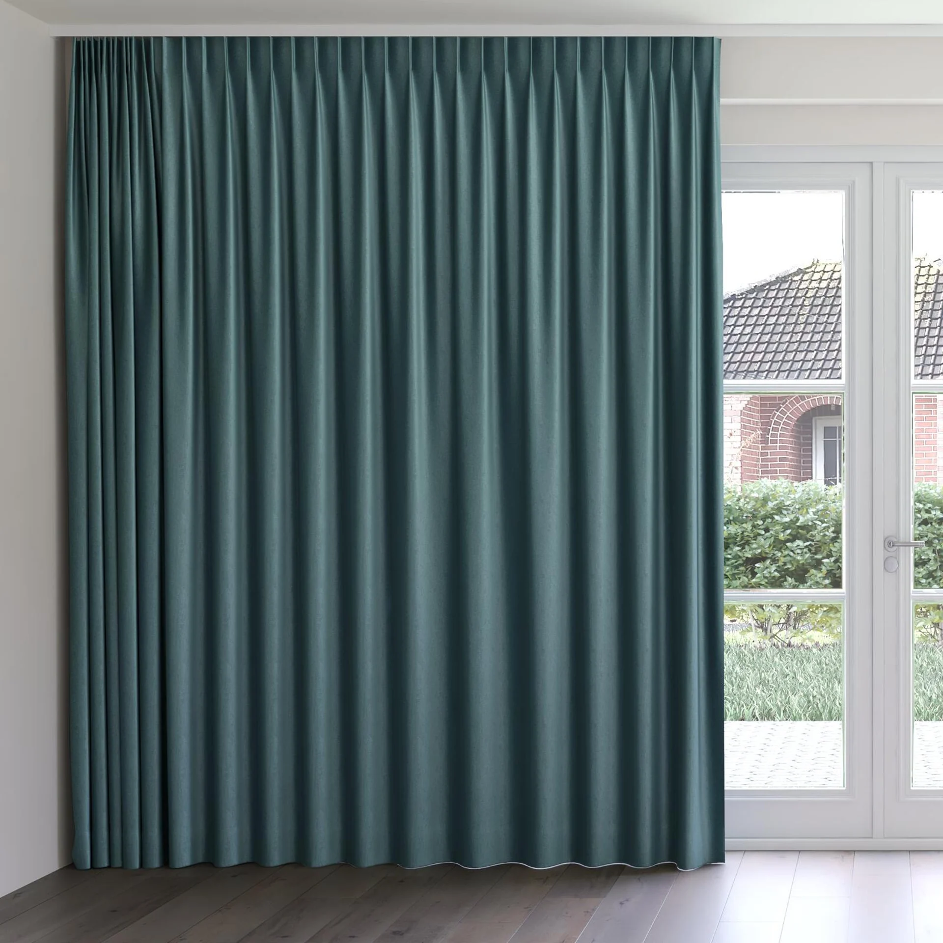Front view of Recharge Teal, on curtain rail