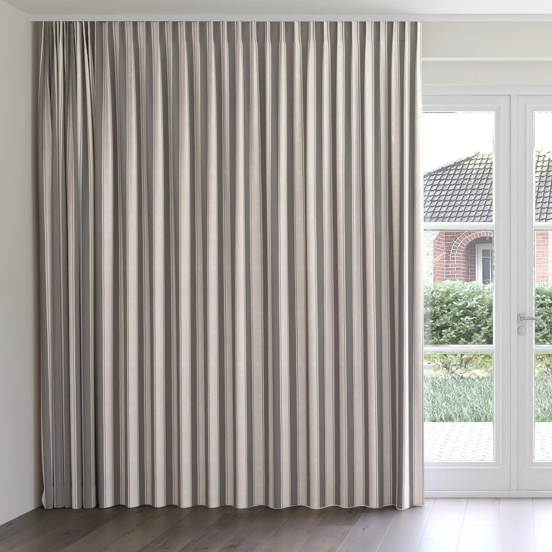 Front view of Broad Stripe Charcoal, on curtain rail