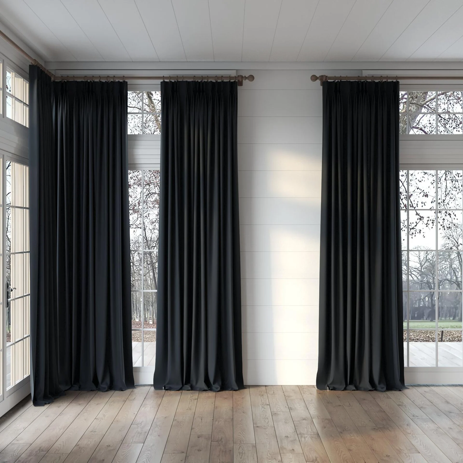 Full view of Darkness Caviar, puddled, on curtain rod