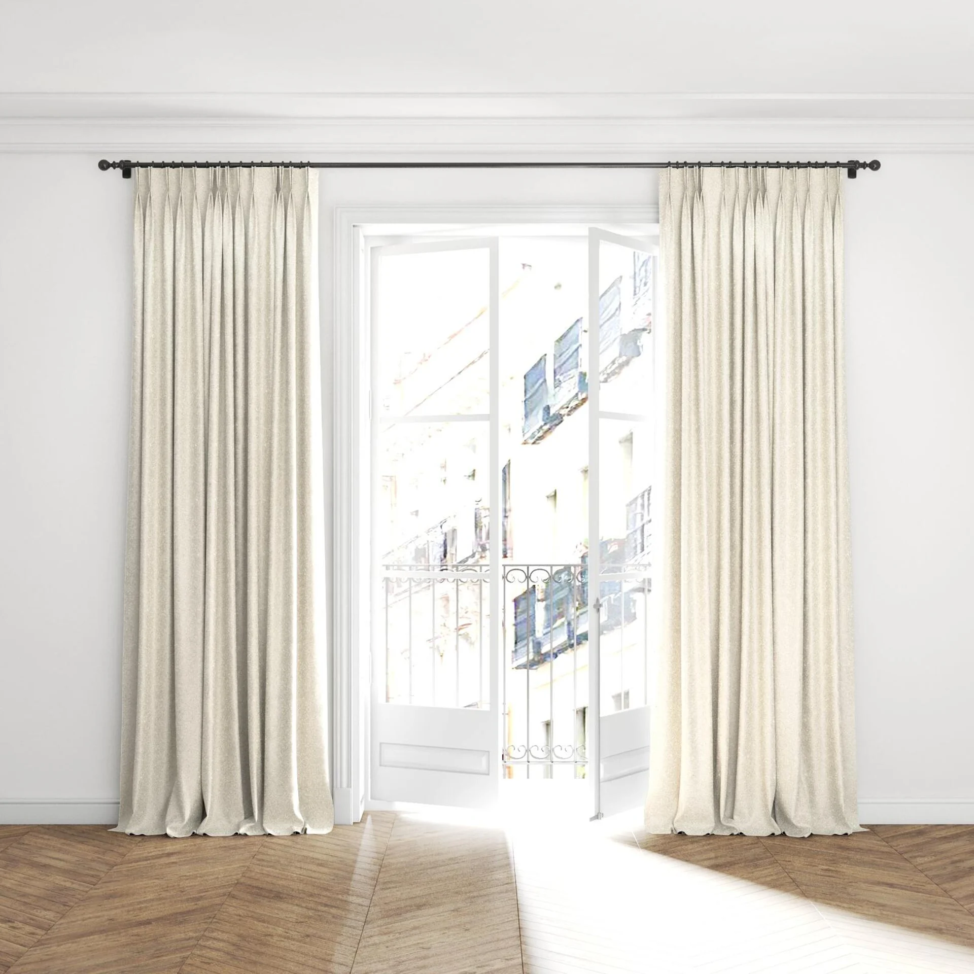 Full view of Brigadier Angora, puddled with pinch pleat, on curtain rod
