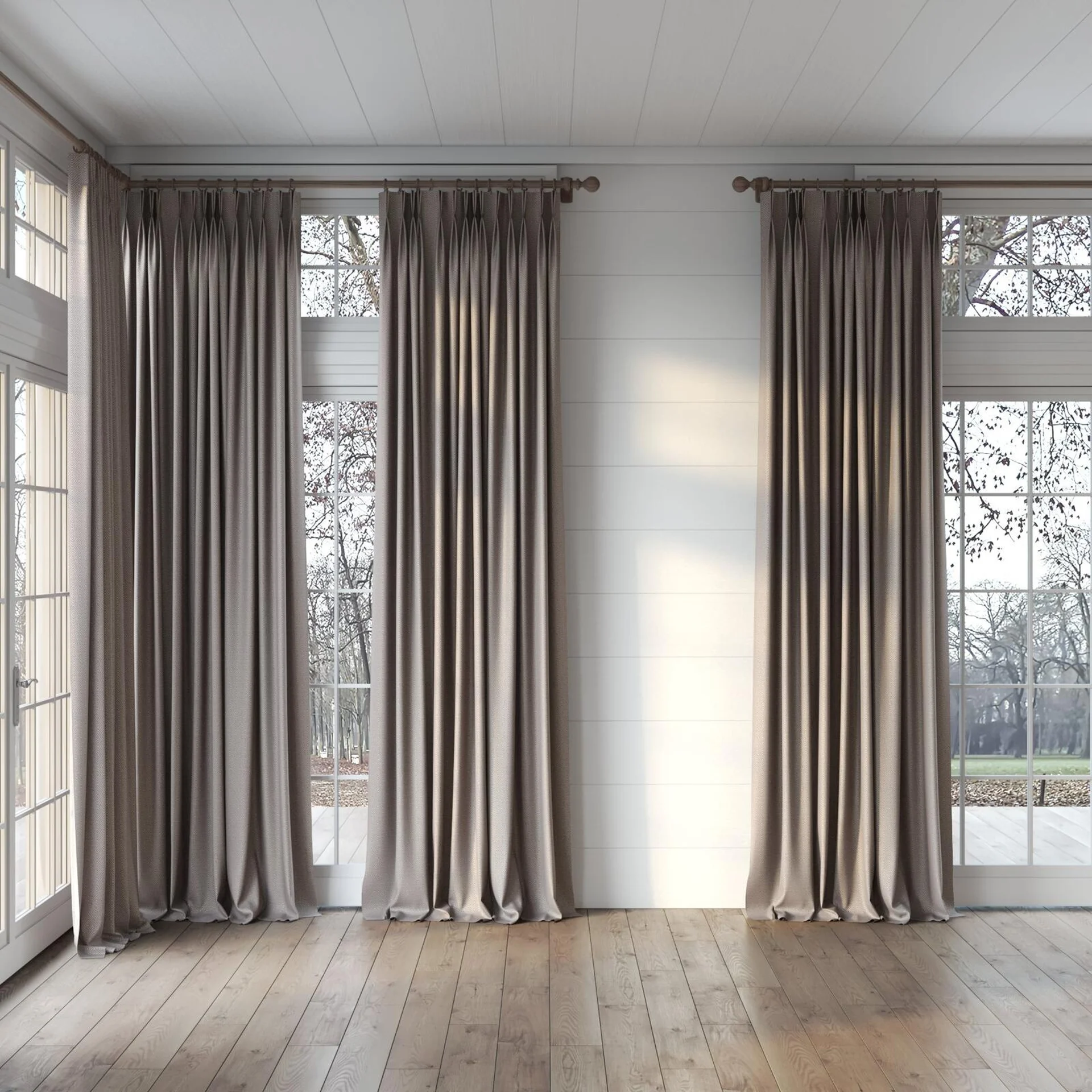 Full view of Hashtag Parma, puddled, on curtain rod