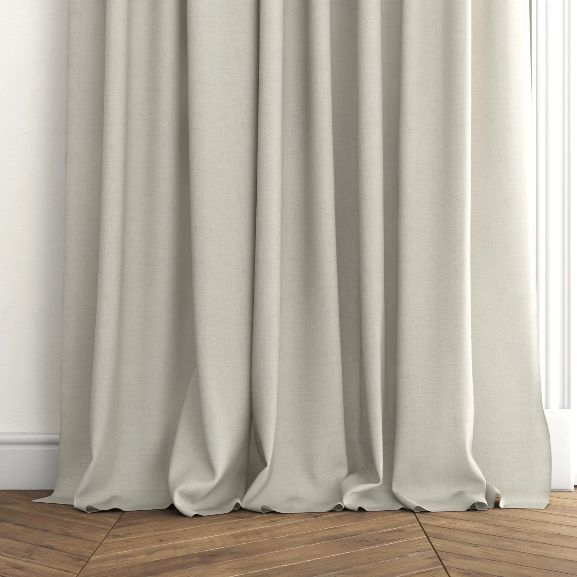 Bottom view of Rava Nougat, puddled with pinch pleat, on curtain rod