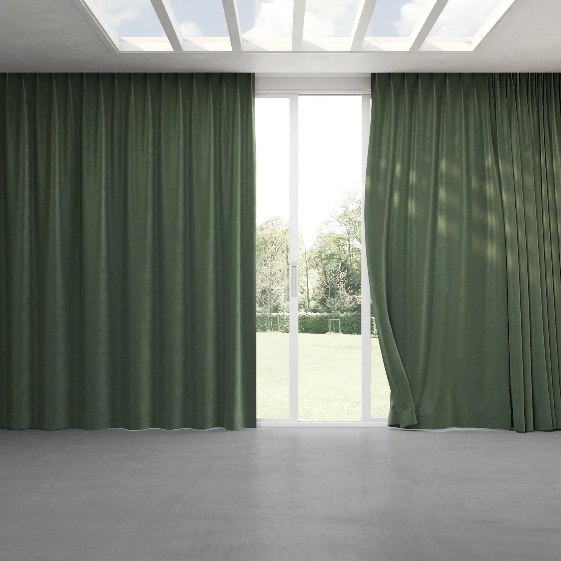 Full view of Velvelux Avocado, pinch pleat