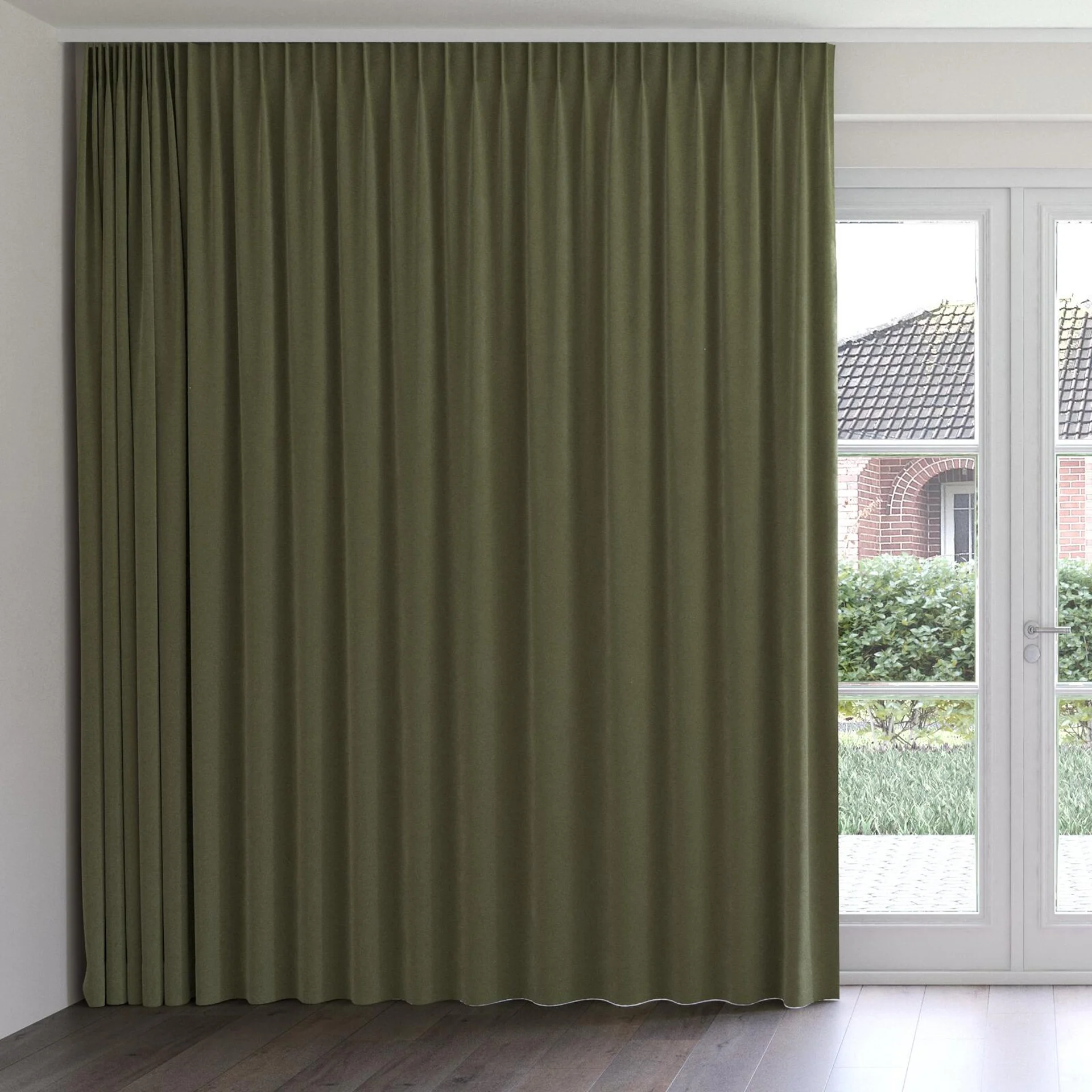 Front view of Moon Olive, on curtain rail