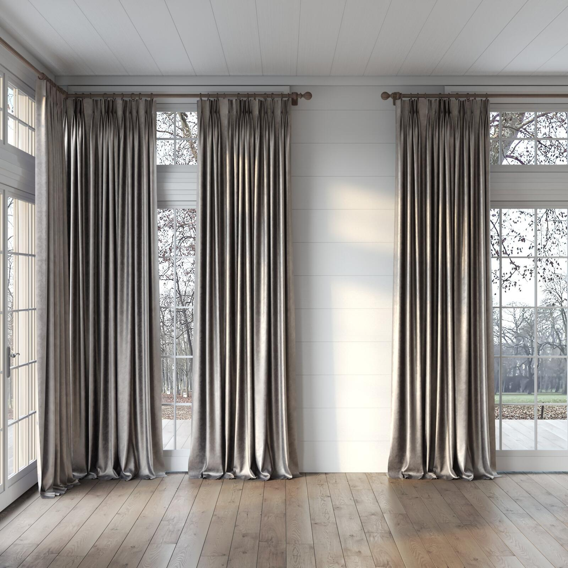 Full view of Fizz Quartz, puddled, on curtain rod