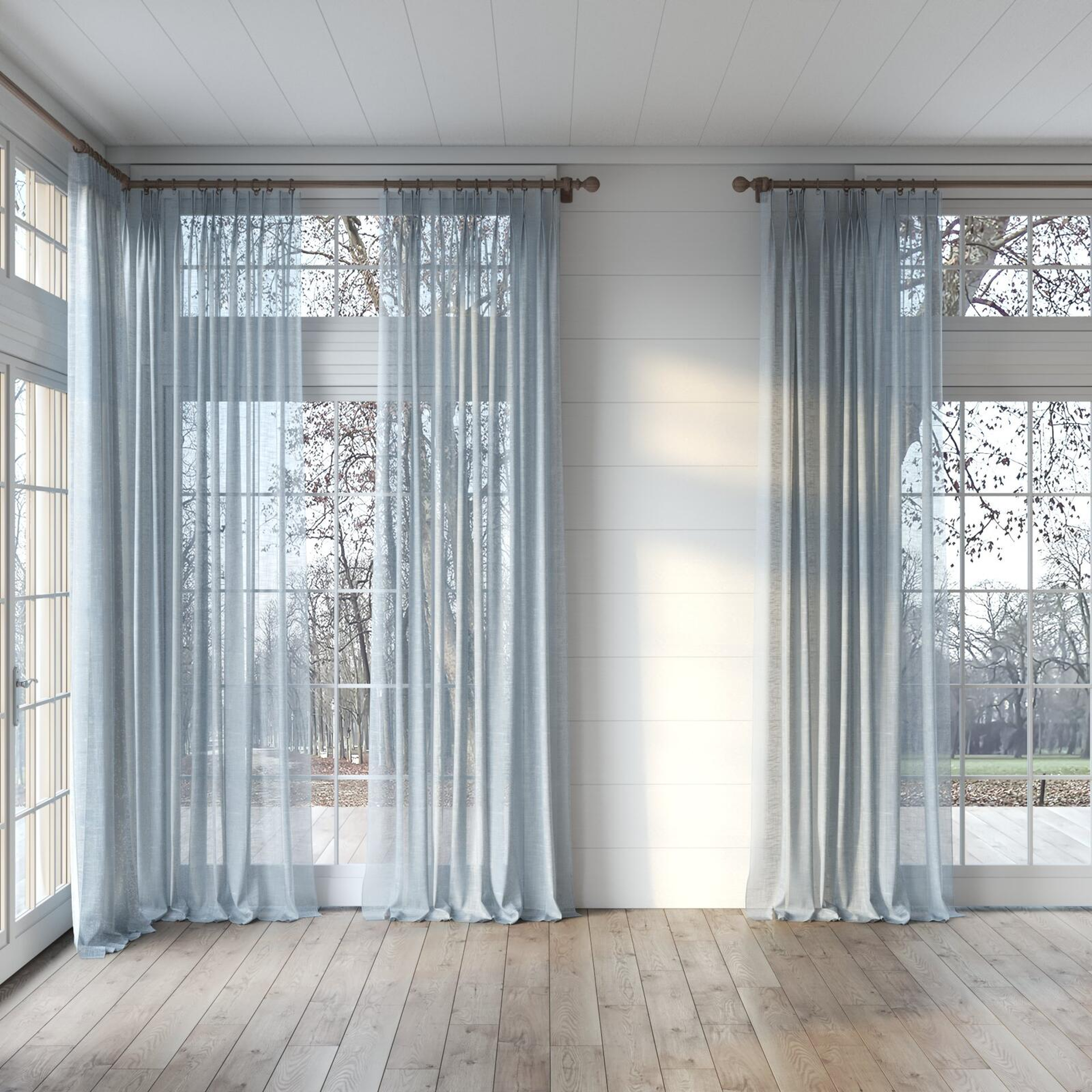 Full view of Savina Sky, puddled, on curtain rod