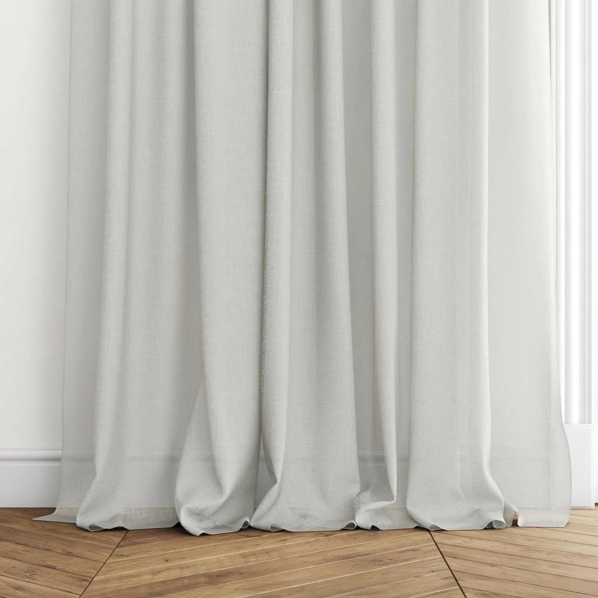 Bottom view of Uno Linen, puddled with pinch pleat, on curtain rod