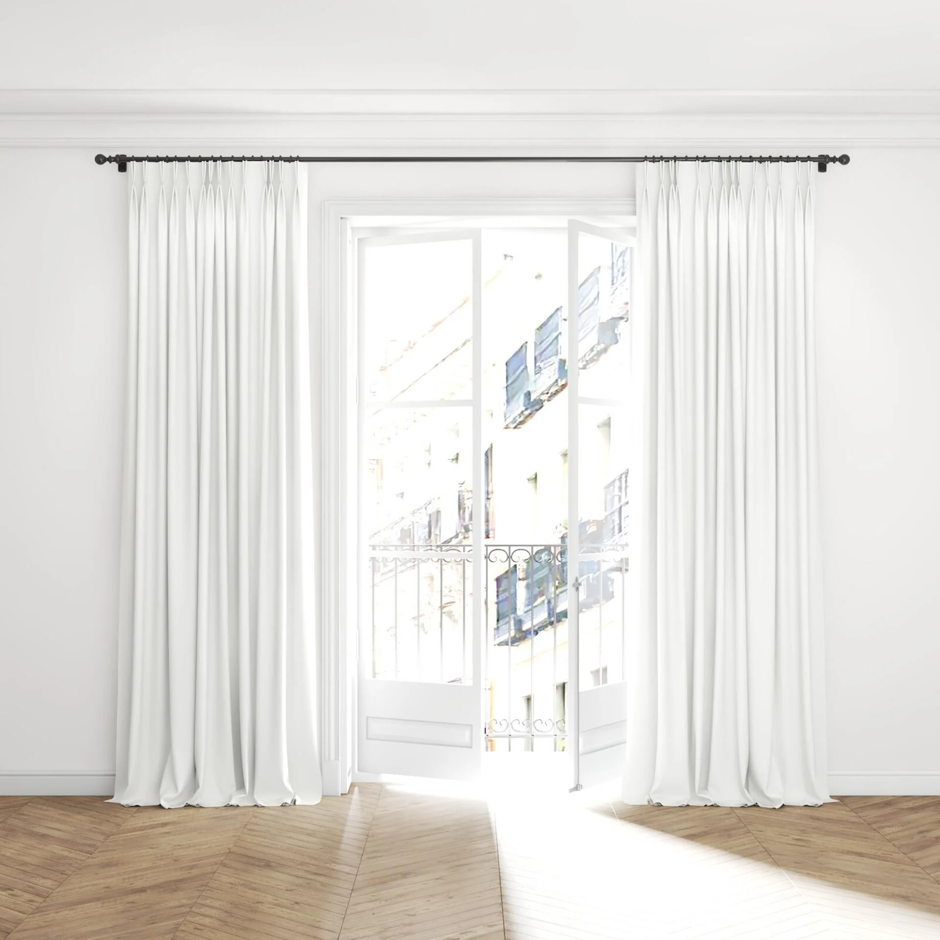 Full view of Brugge Wool, puddled with pinch pleat, on curtain rod