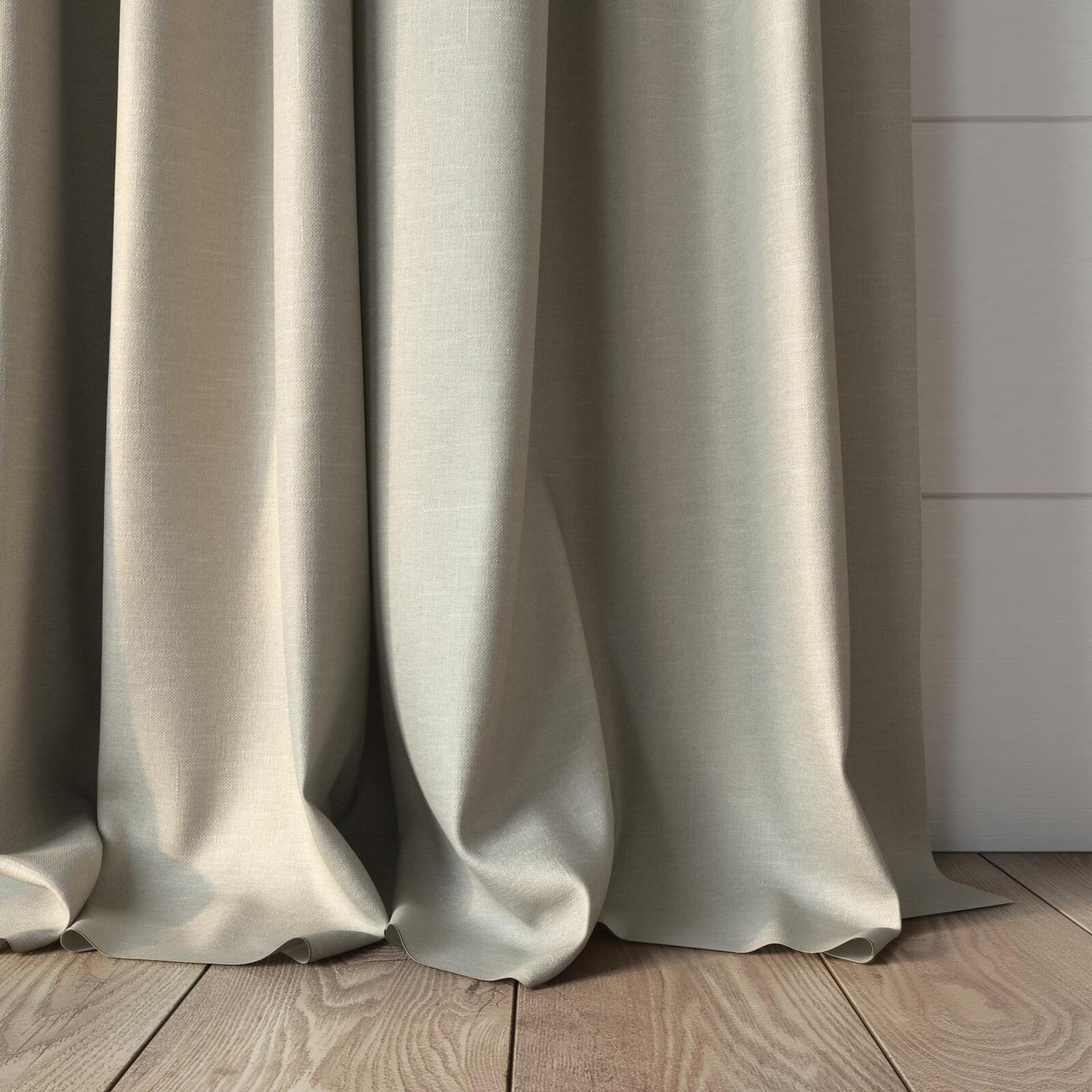 Bottom view of Atelier Parchment, puddled, on curtain rod