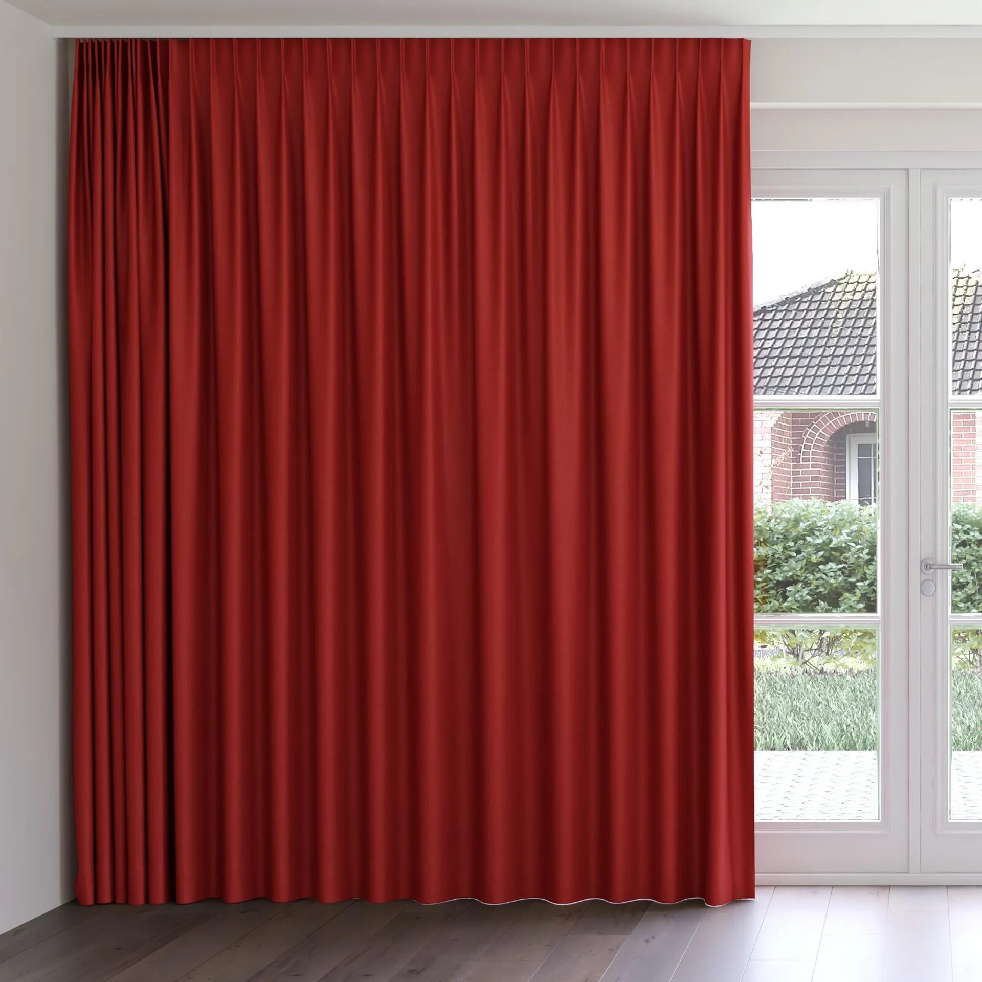 Front view of Woolly/Woolen Sunset, on curtain rail