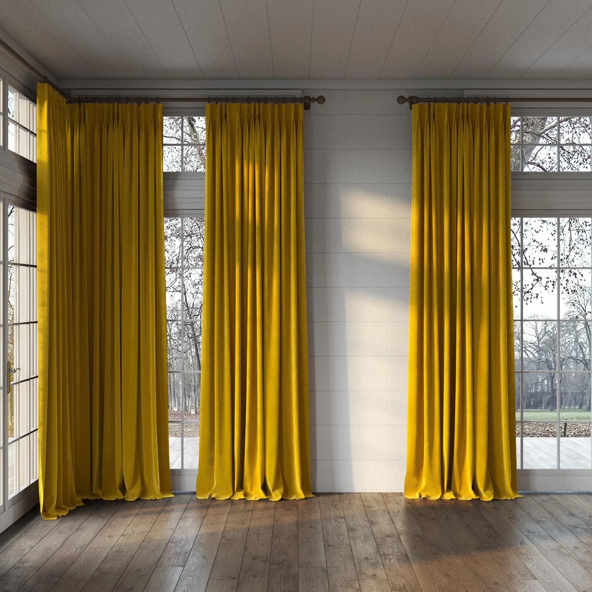 Full view of Verbier Amber, puddled, on curtain rod