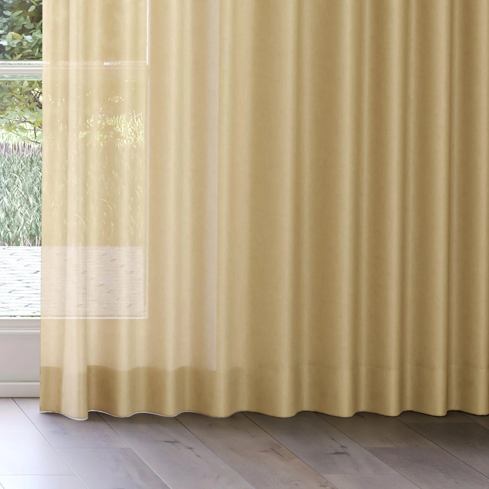 Bottom view of Flo II Almond, on curtain rail